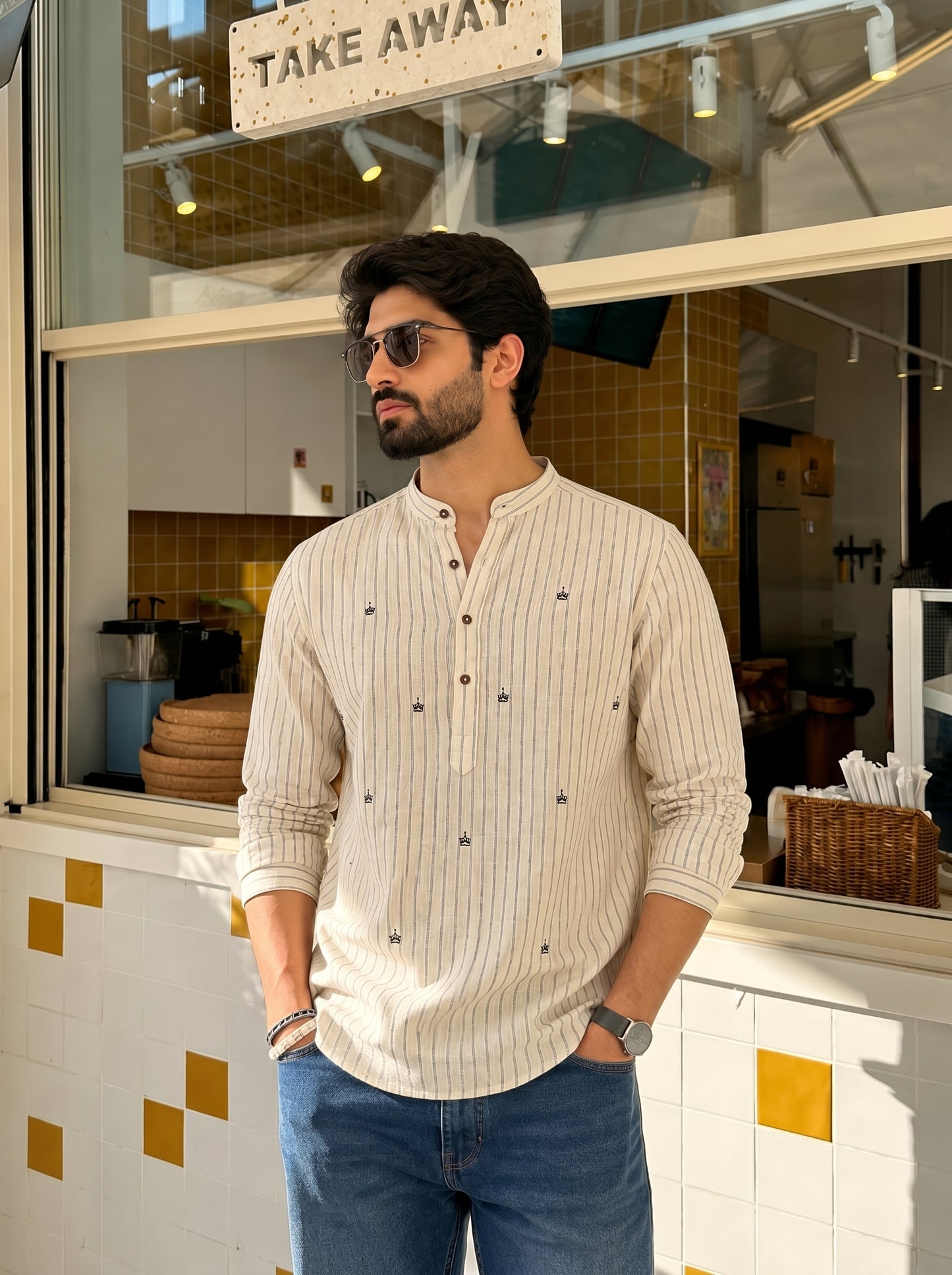 Men’s Striped Embroidery Kurta Shirt