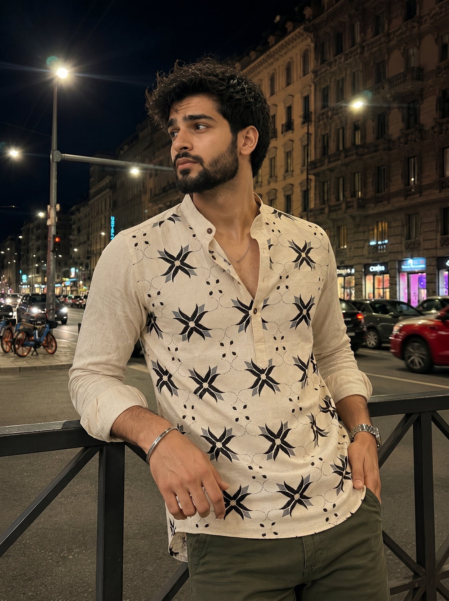 Men’s Cream Short Kurta with Olive Green Floral Embroidery