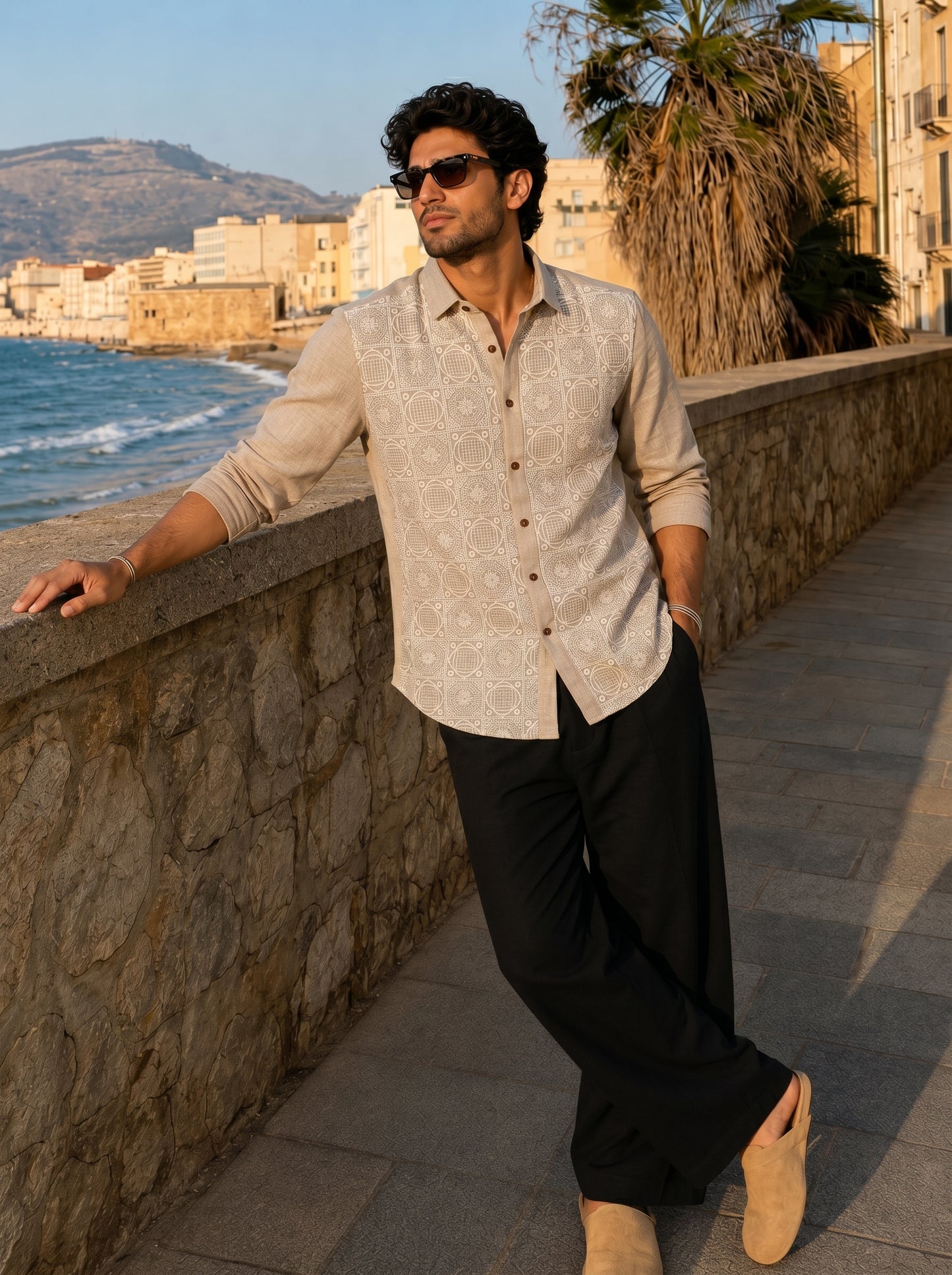 Beige Geometric Embroidered Premium Cotton Linen Men's Shirt