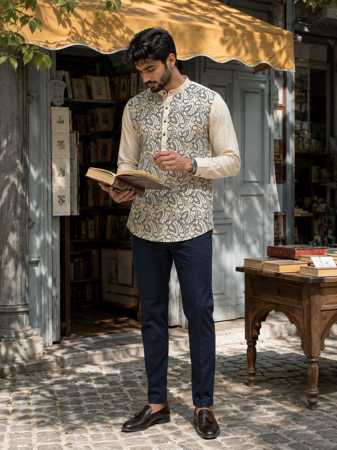 Men’s Beige & Black Paisley Embroidered Cotton Short Kurta