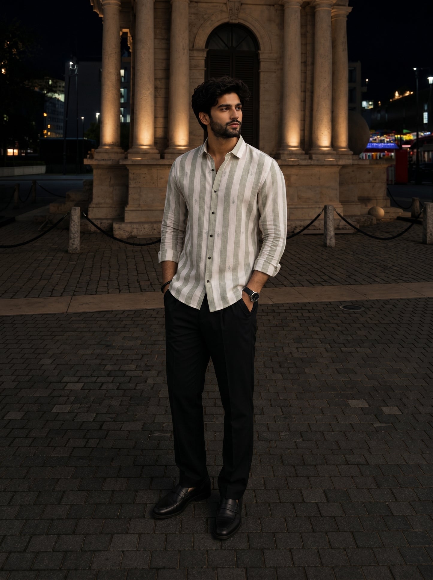 Men's Pastel Green Vertical Striped Embroidered Shirt