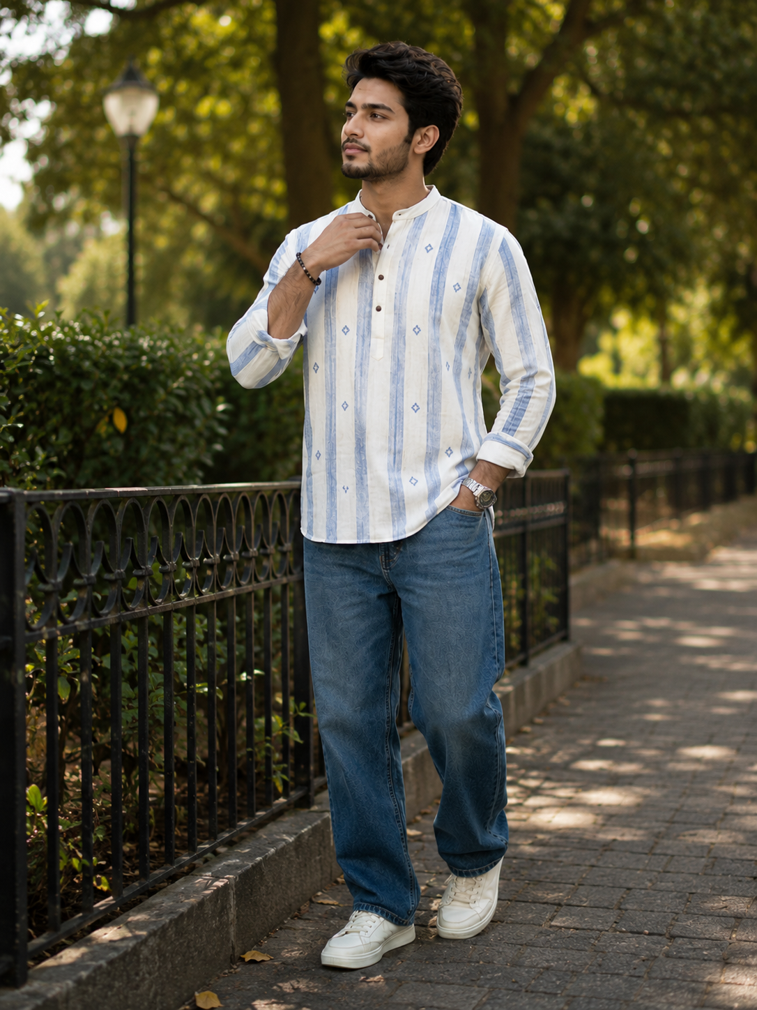 Men’s Blue Striped Embroidered Short Kurta Shirt