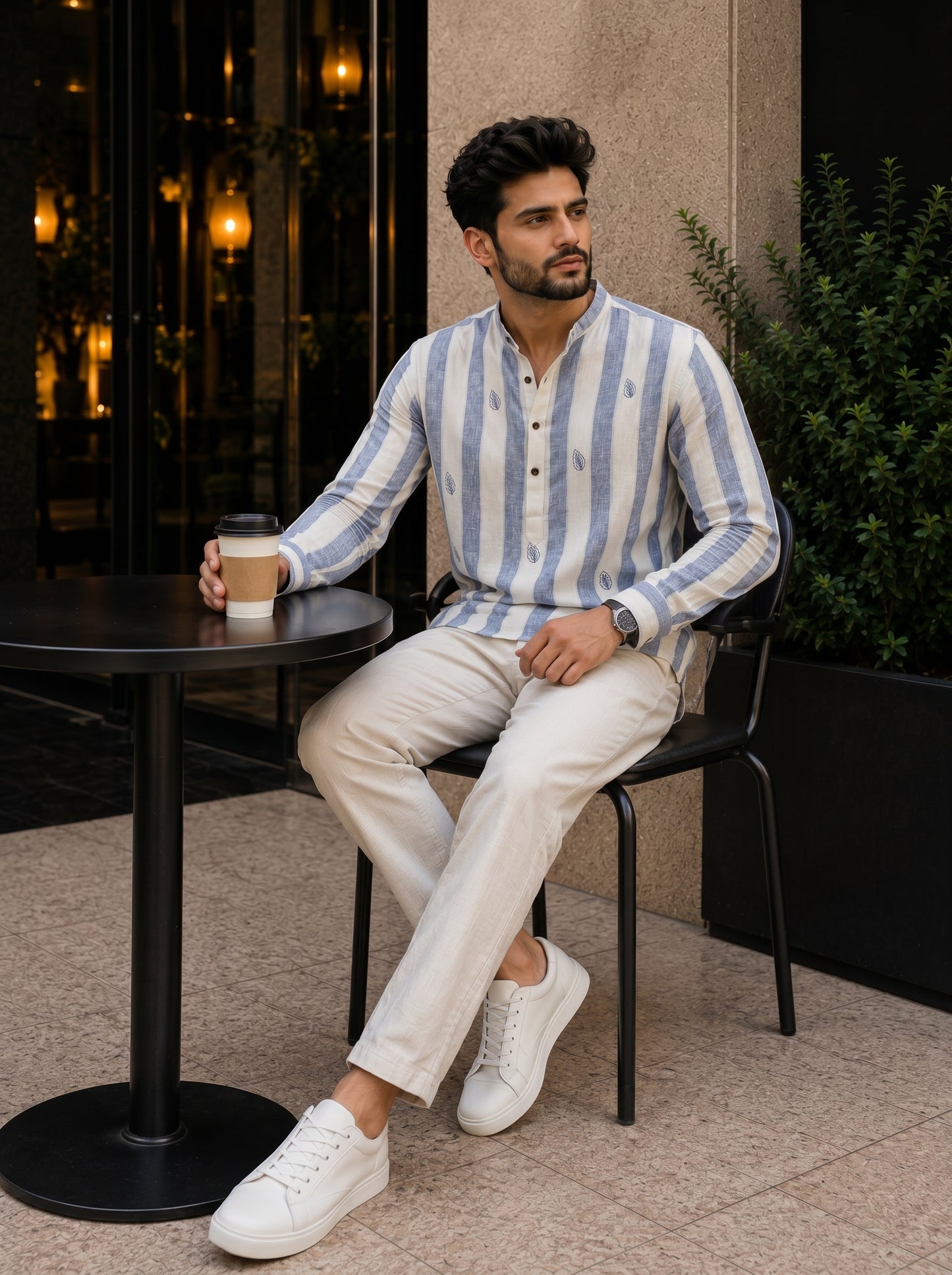 Azure Blue Striped Mandarin Collar Short Kurta Shirt for Men