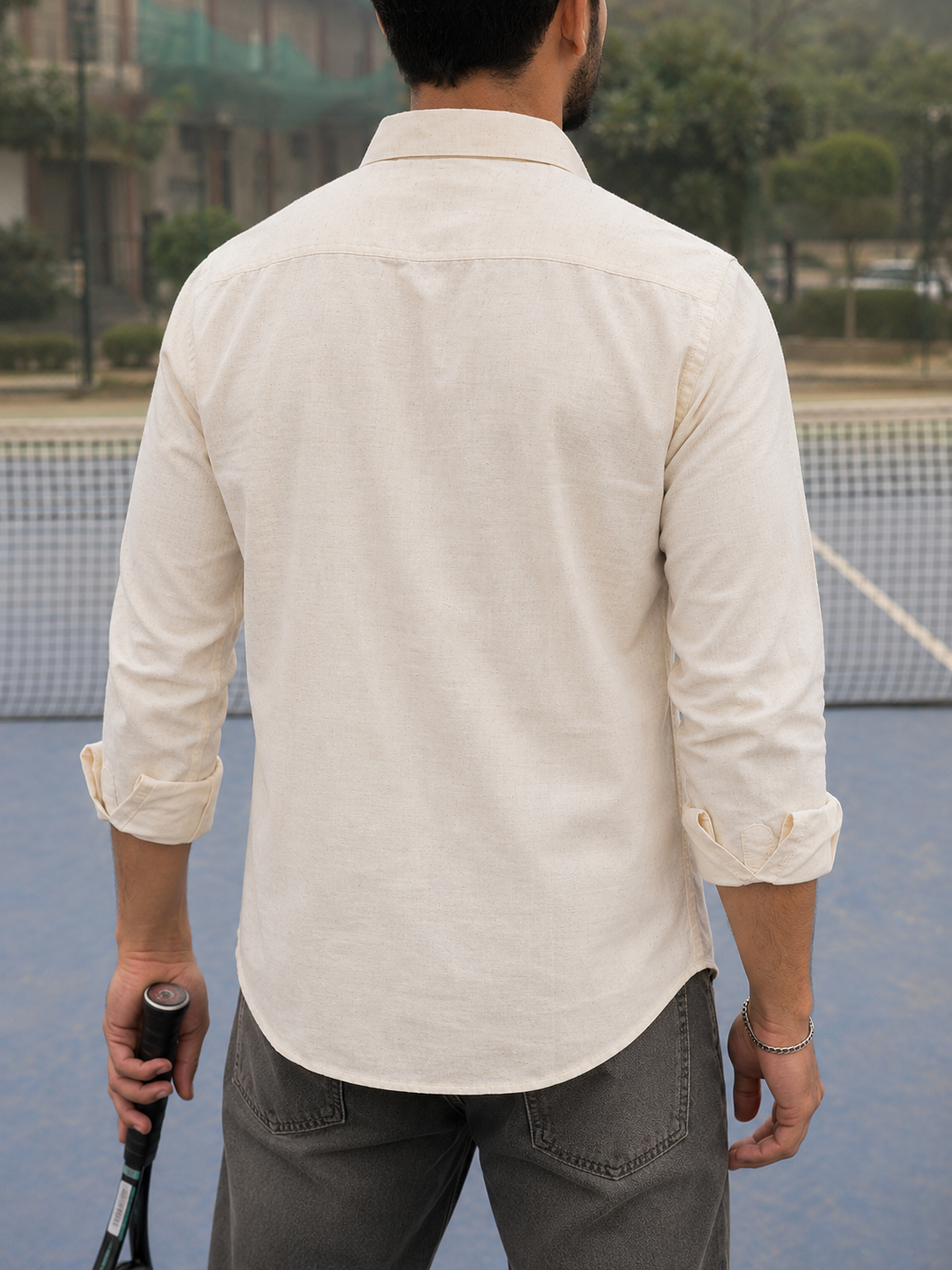 Men’s Cream Nature Motif Graphic Embroidered Linen Shirt