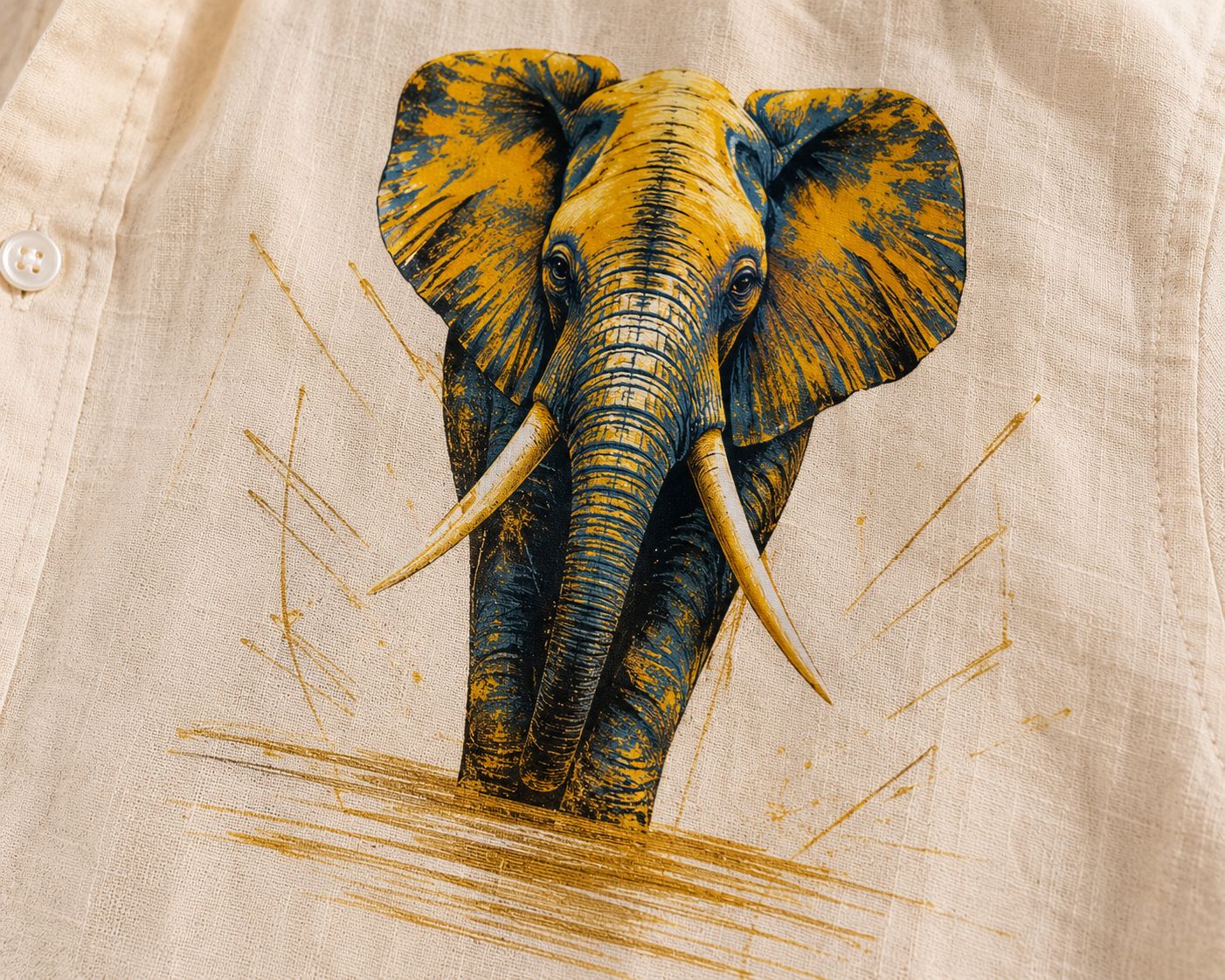 Men’s Ivory Elephant Motif Graphic Cotton Linen Shirt