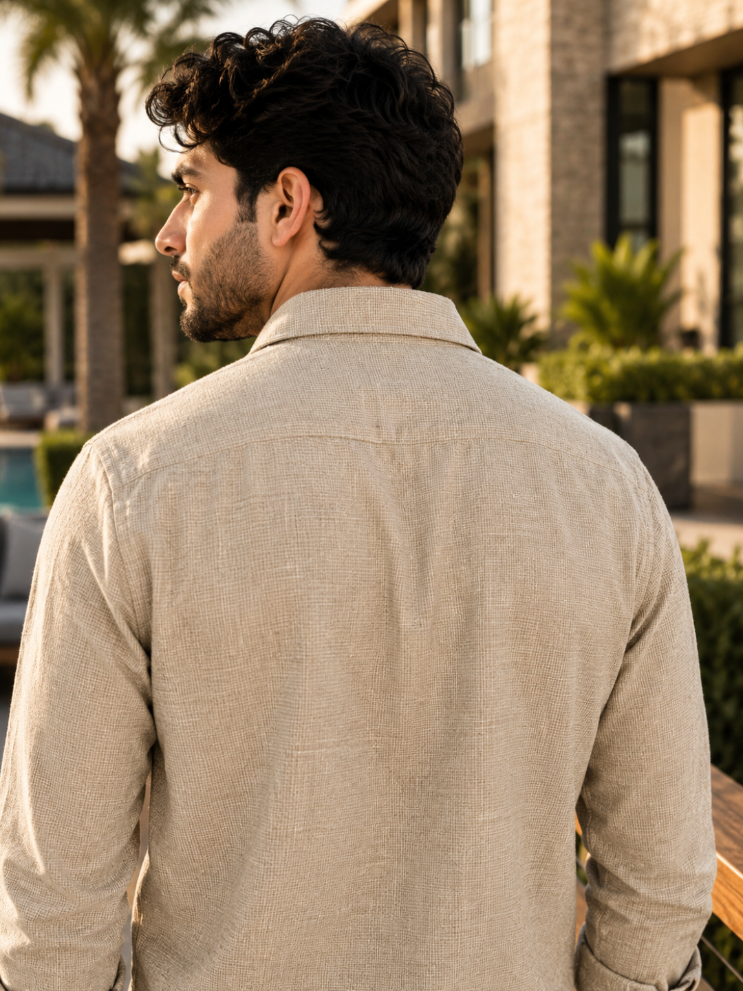 Sandstone Micro-check Floral Embroidery Shirt for Men