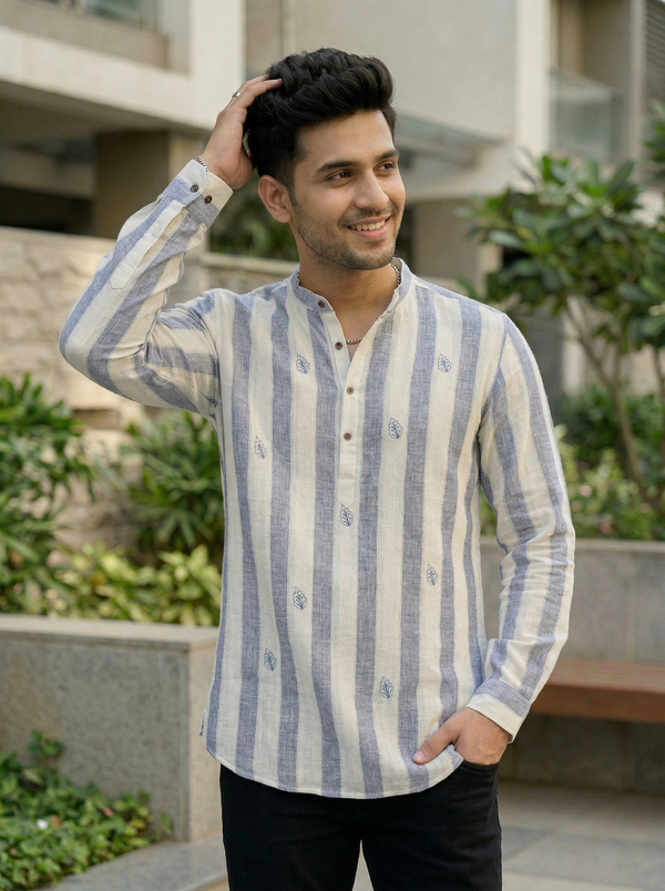 Azure Blue Striped Mandarin Collar Short Kurta Shirt for Men