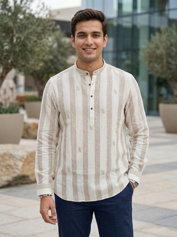 Beige Striped Short Kurta Shirt – Modern Ethnic Luxe