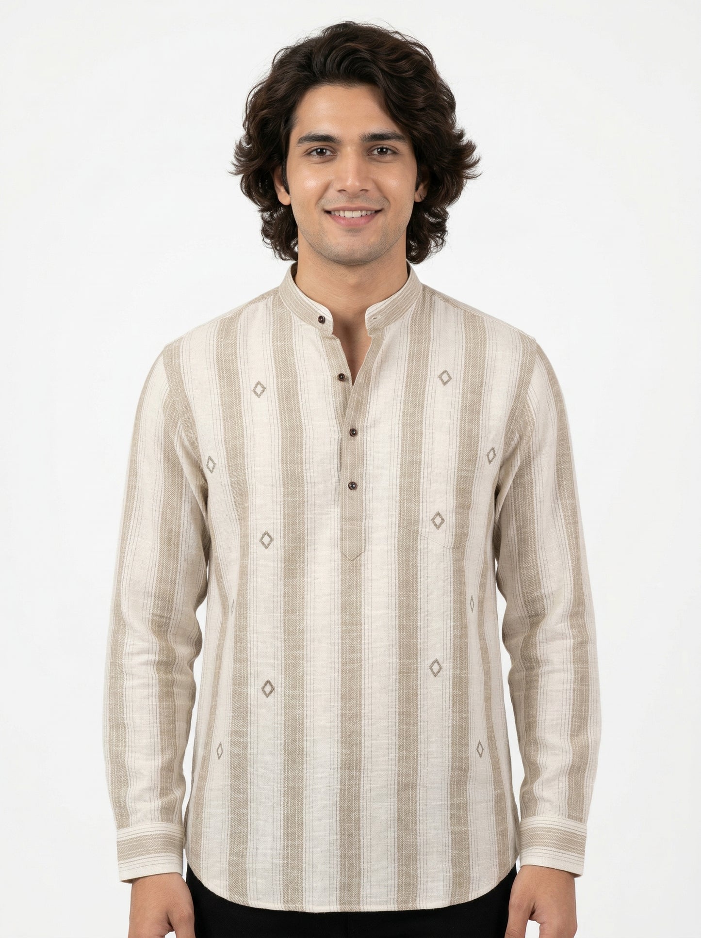 Men’s Beige Striped Kurta Shirt with Subtle Embroidery