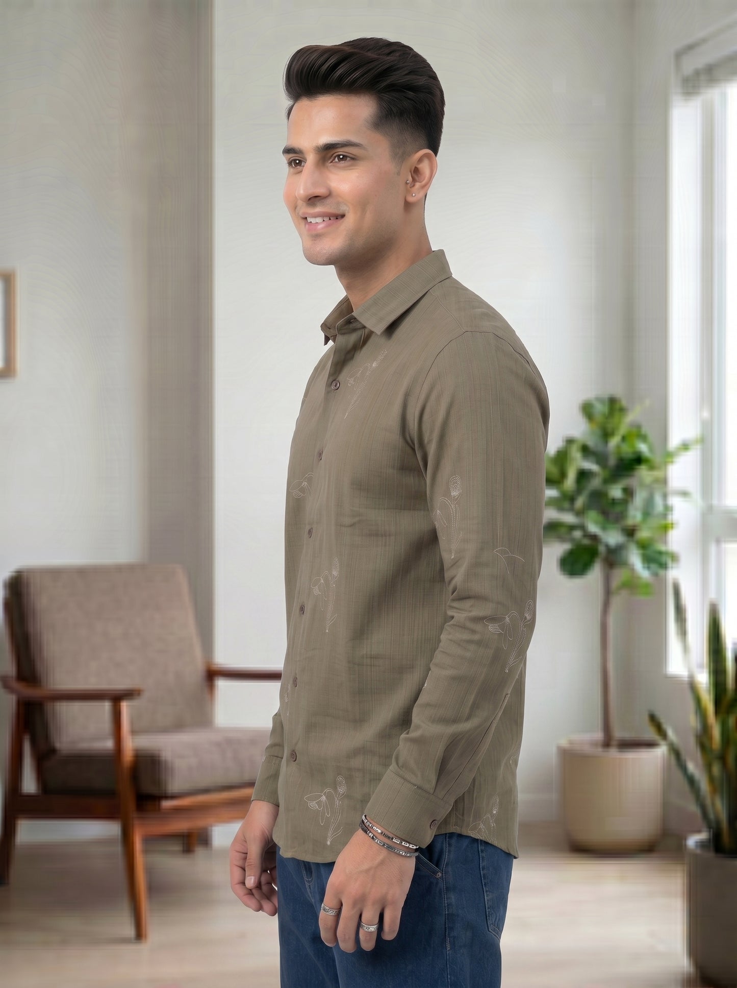 Vibe Craft Men's Tulip Embroidery Textured Cotton Shirt
