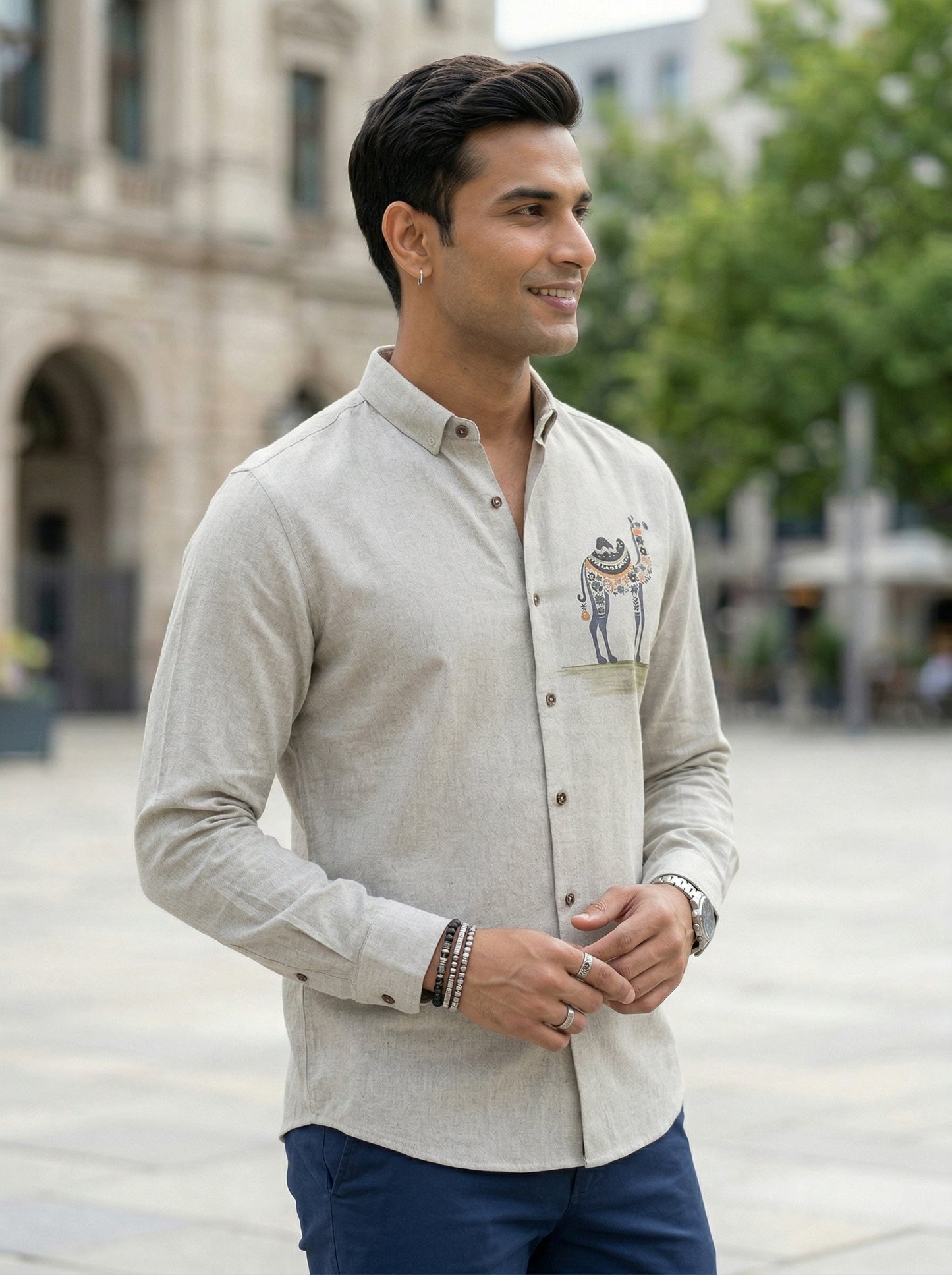 Men’s Sand Beige Camel Motif Graphic Cotton Linen Shirt