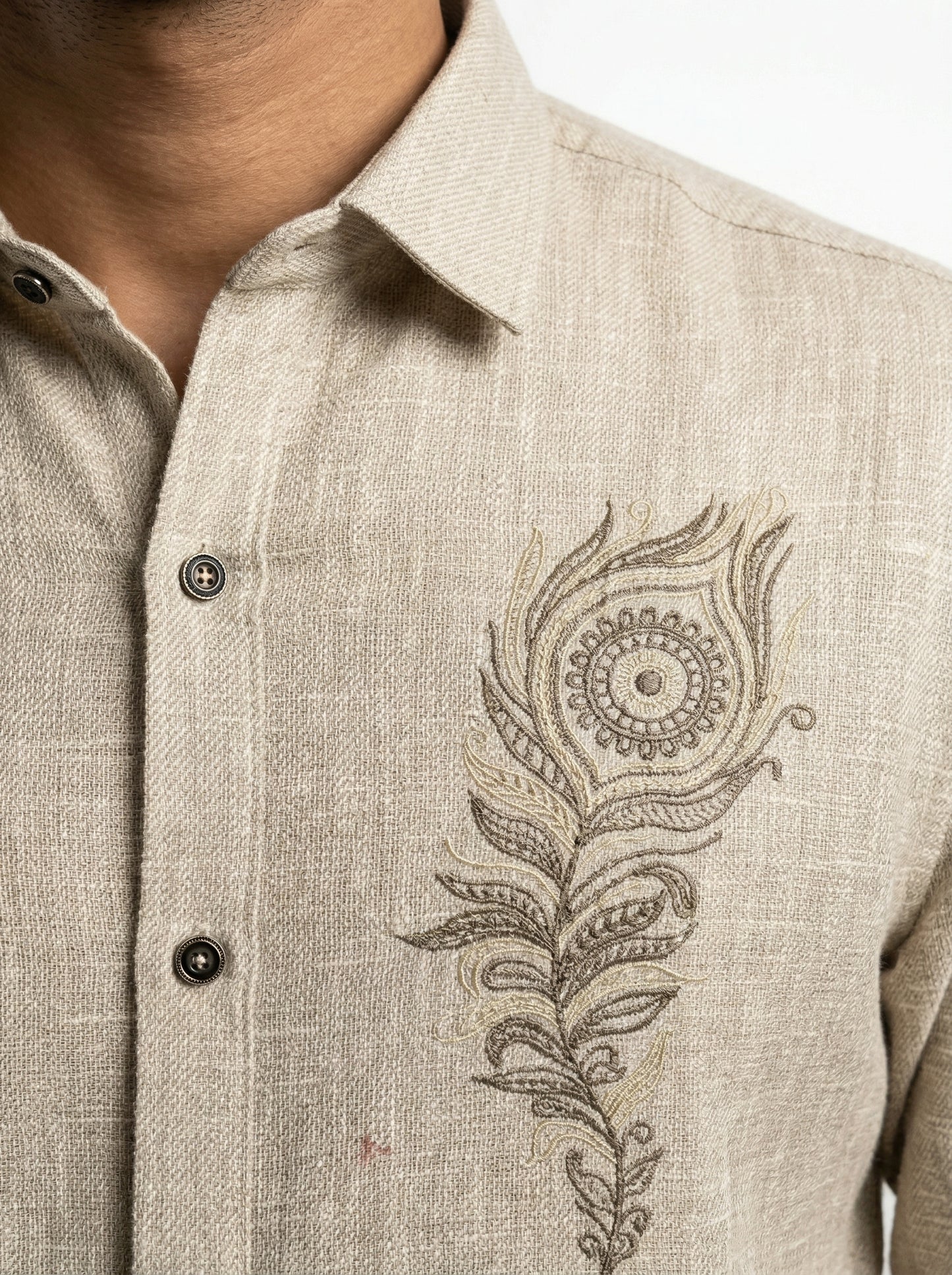 Men’s Beige Flex Cotton Shirt with Feather Embroidery Shirt