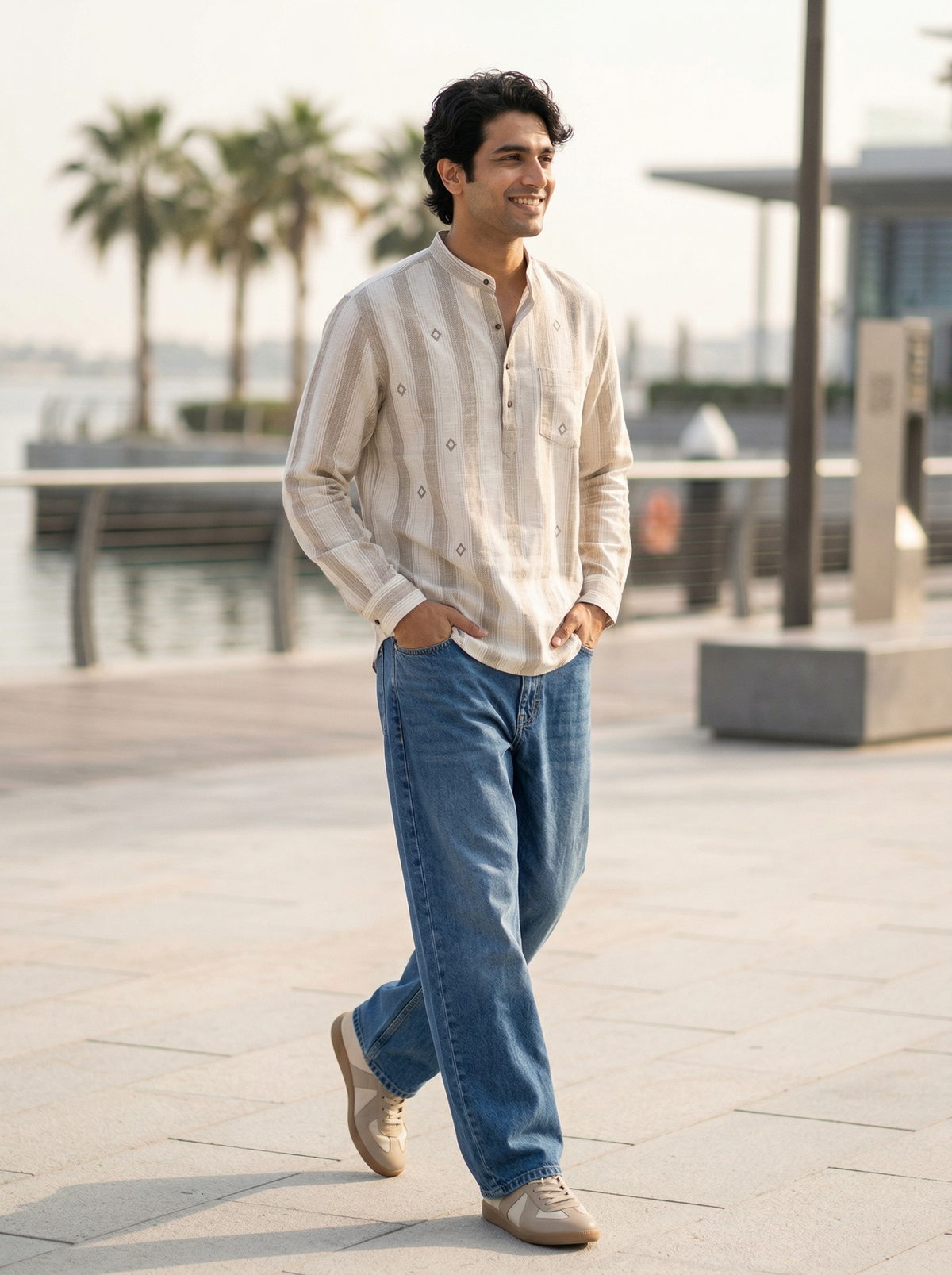 Men’s Beige Striped Kurta Shirt with Subtle Embroidery