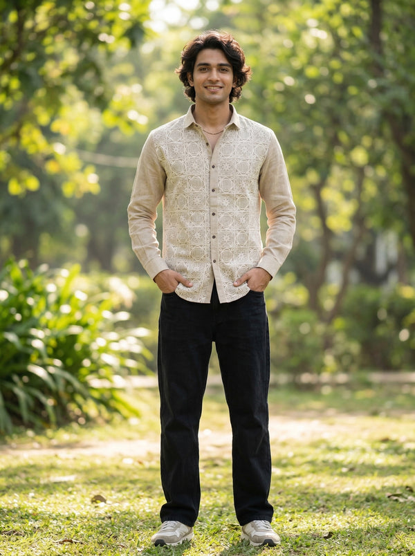 Beige Geometric Embroidered Premium Cotton Linen Men's Shirt