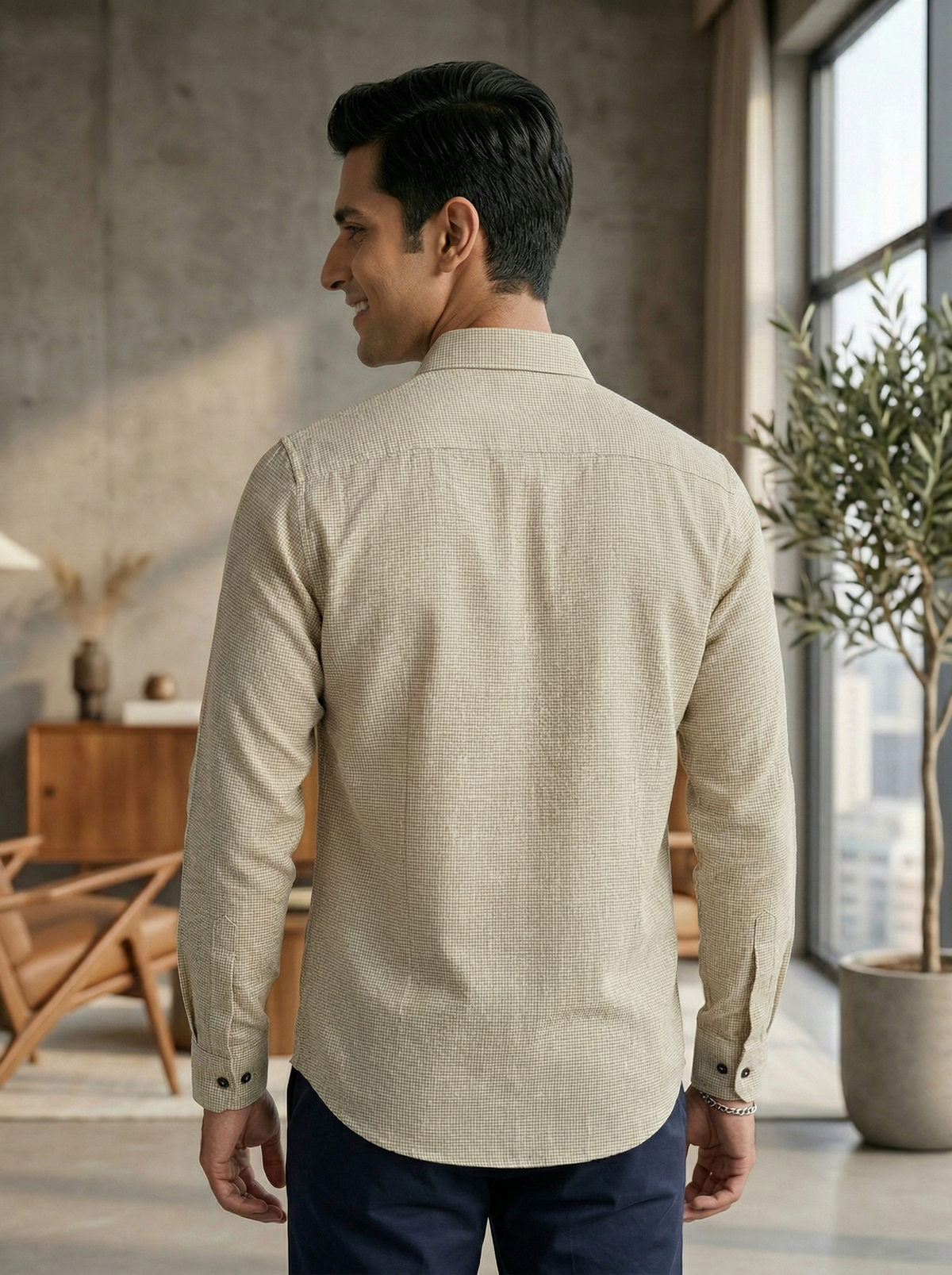 Sandstone Micro-Check Shirt with Subtle Floral Embroidery