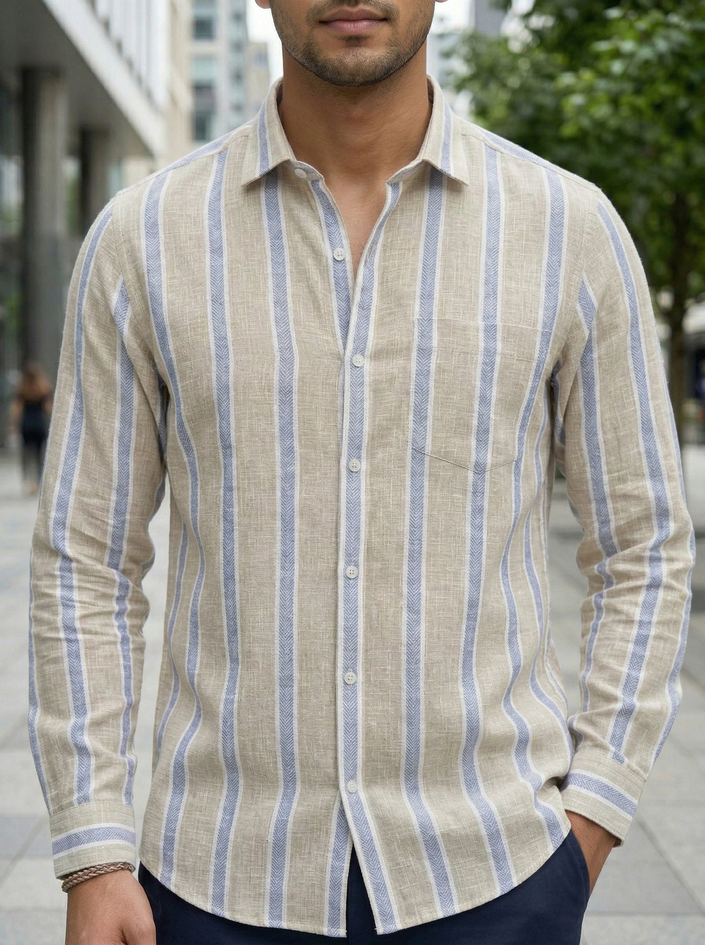 Beige & Blue Striped Premium Linen Shirt