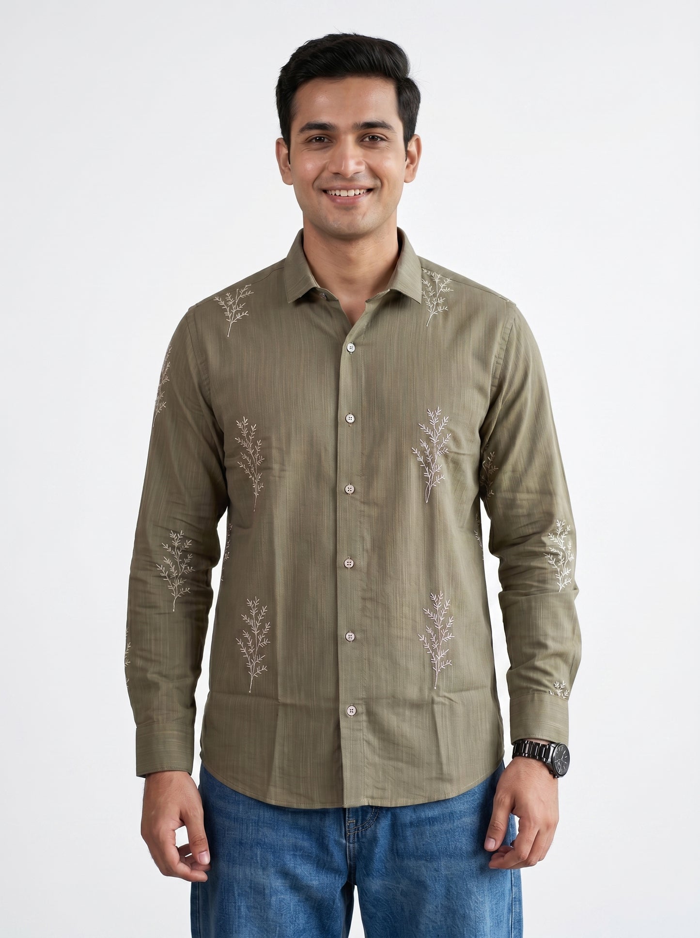 Minimal Fern Print Beige Shirt for Men