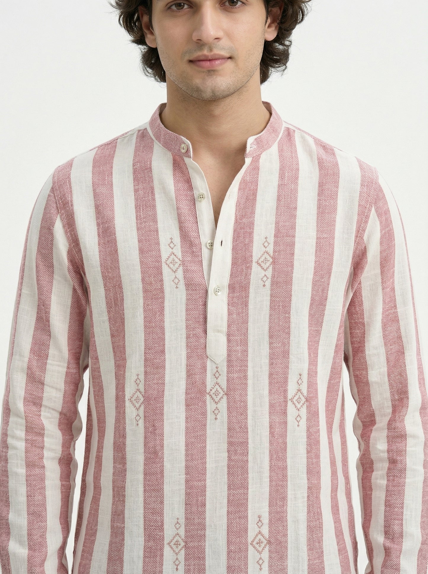 Men's Striped Short Kurta Shirt with Ethnic Embroidery