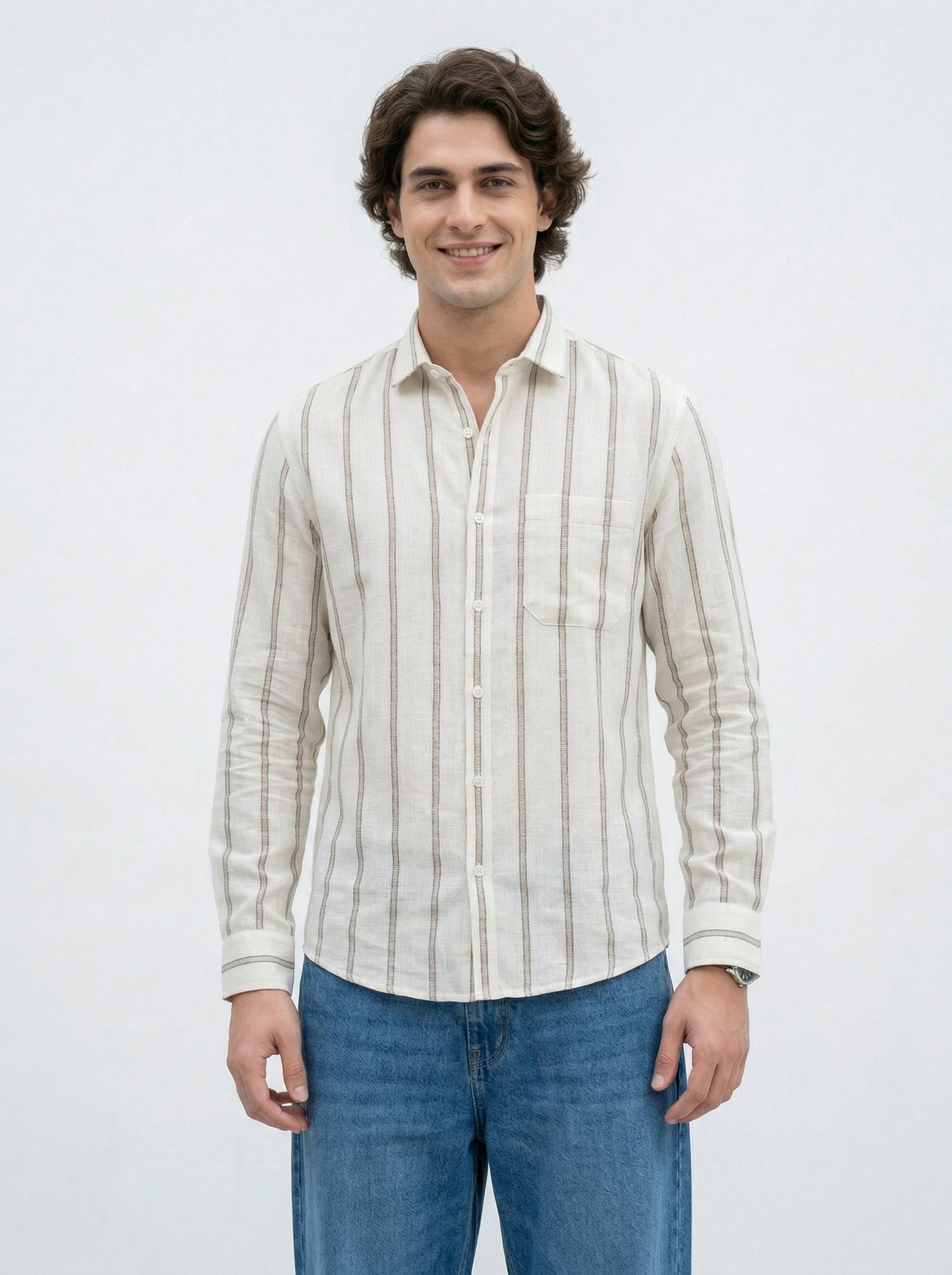 Men’s Beige Vertical Stripe Linen Shirt