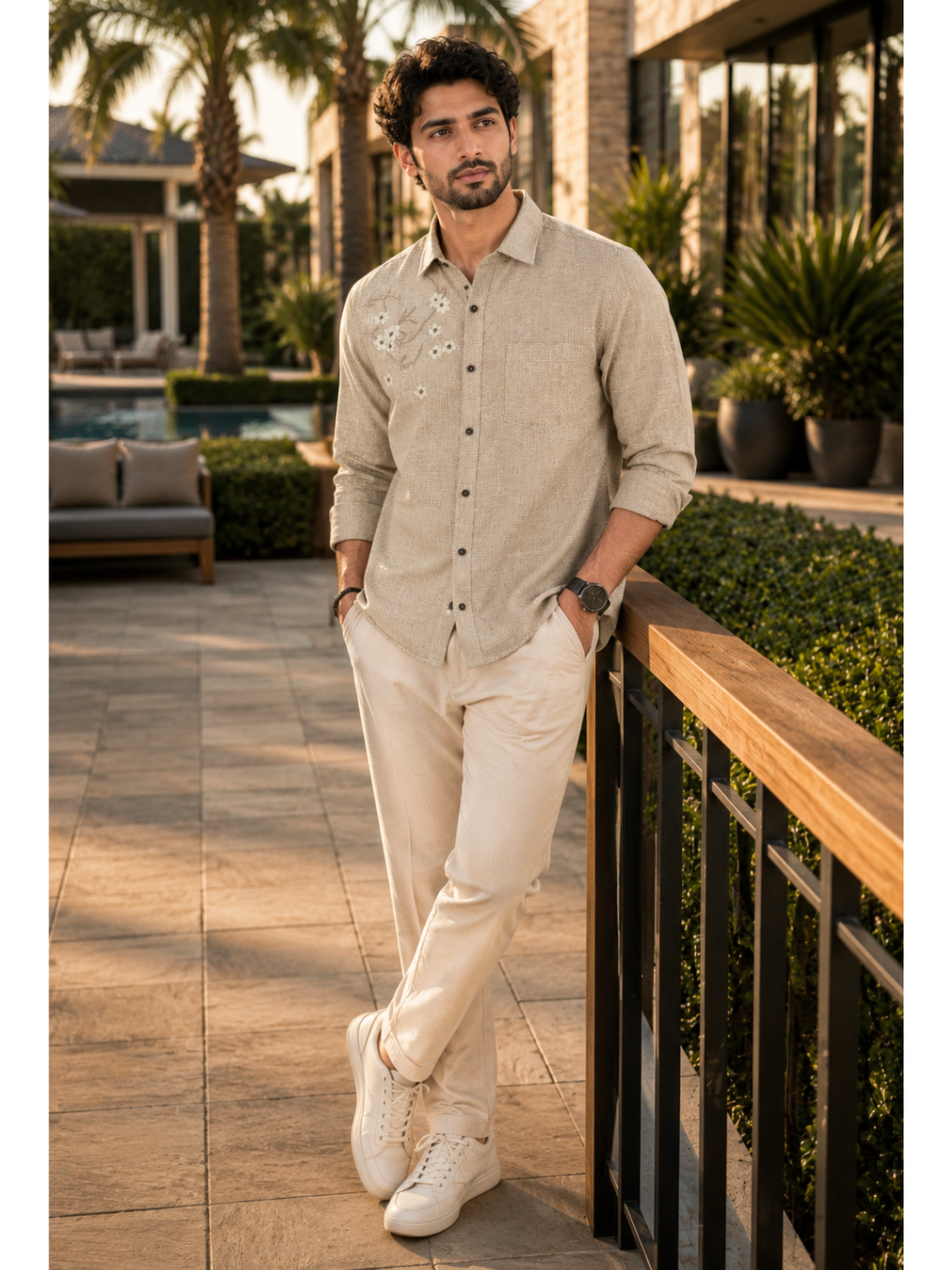Sandstone Micro-check Floral Embroidery Shirt for Men
