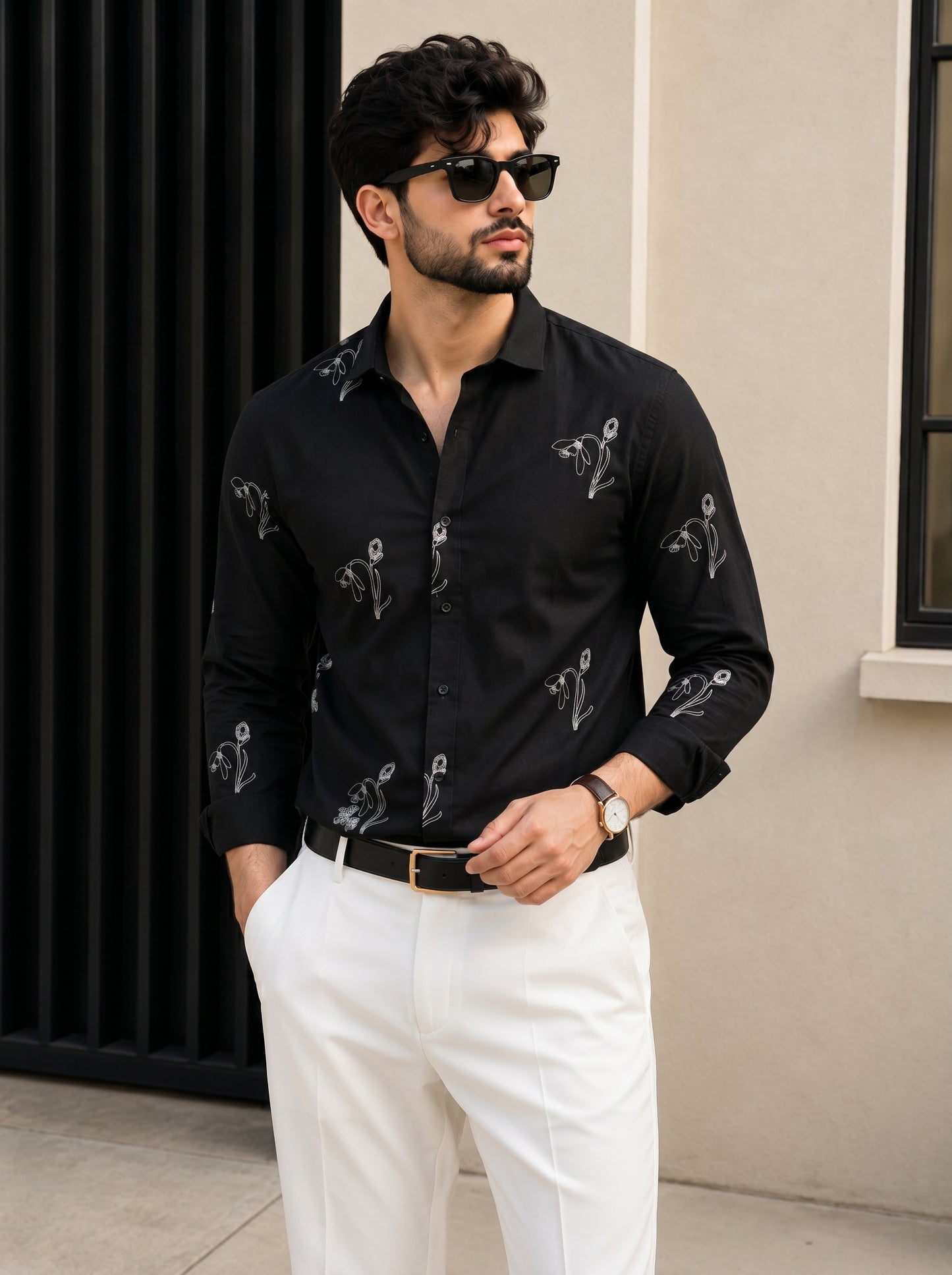 Vibe Craft Men's Tulip Embroidery Textured Cotton Shirt