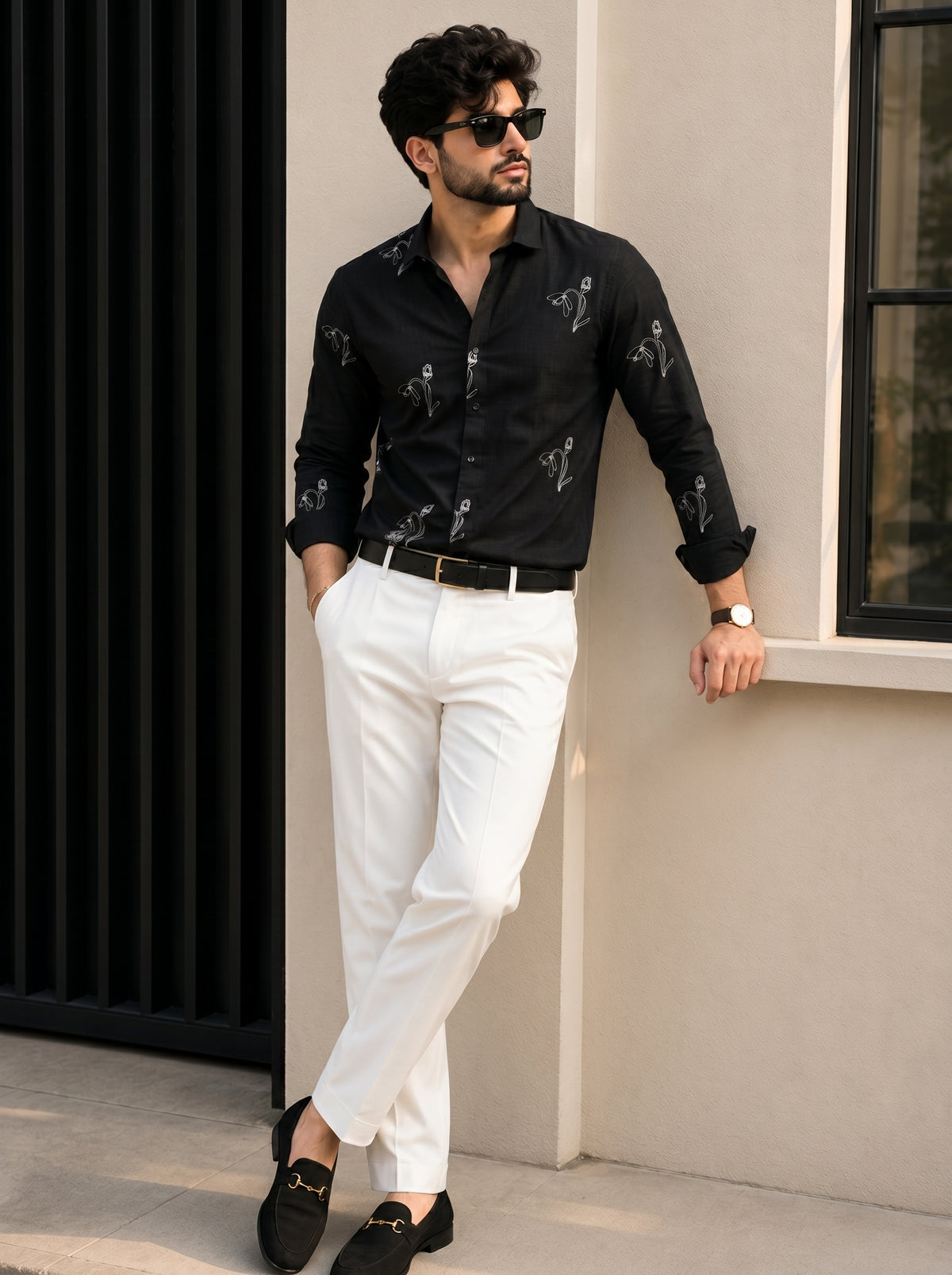 Vibe Craft Men's Tulip Embroidery Textured Cotton Shirt