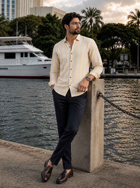 Men's Yellow Striped Embroidered Premium Linen Blend Shirt