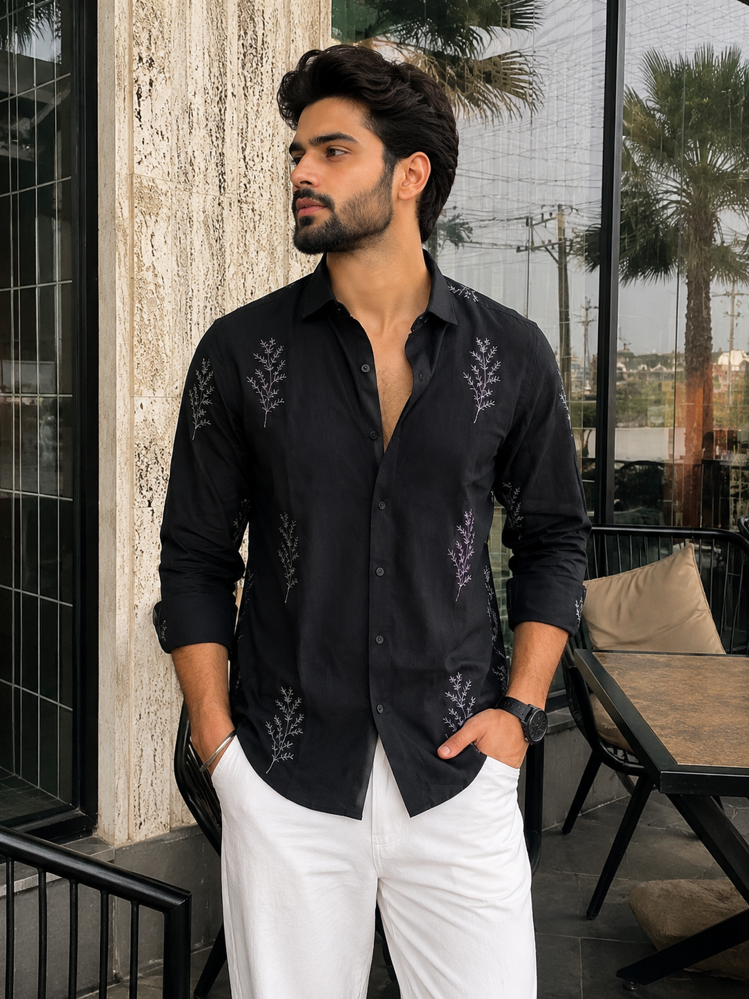 Minimal Fern Embroidery Shirt for Men