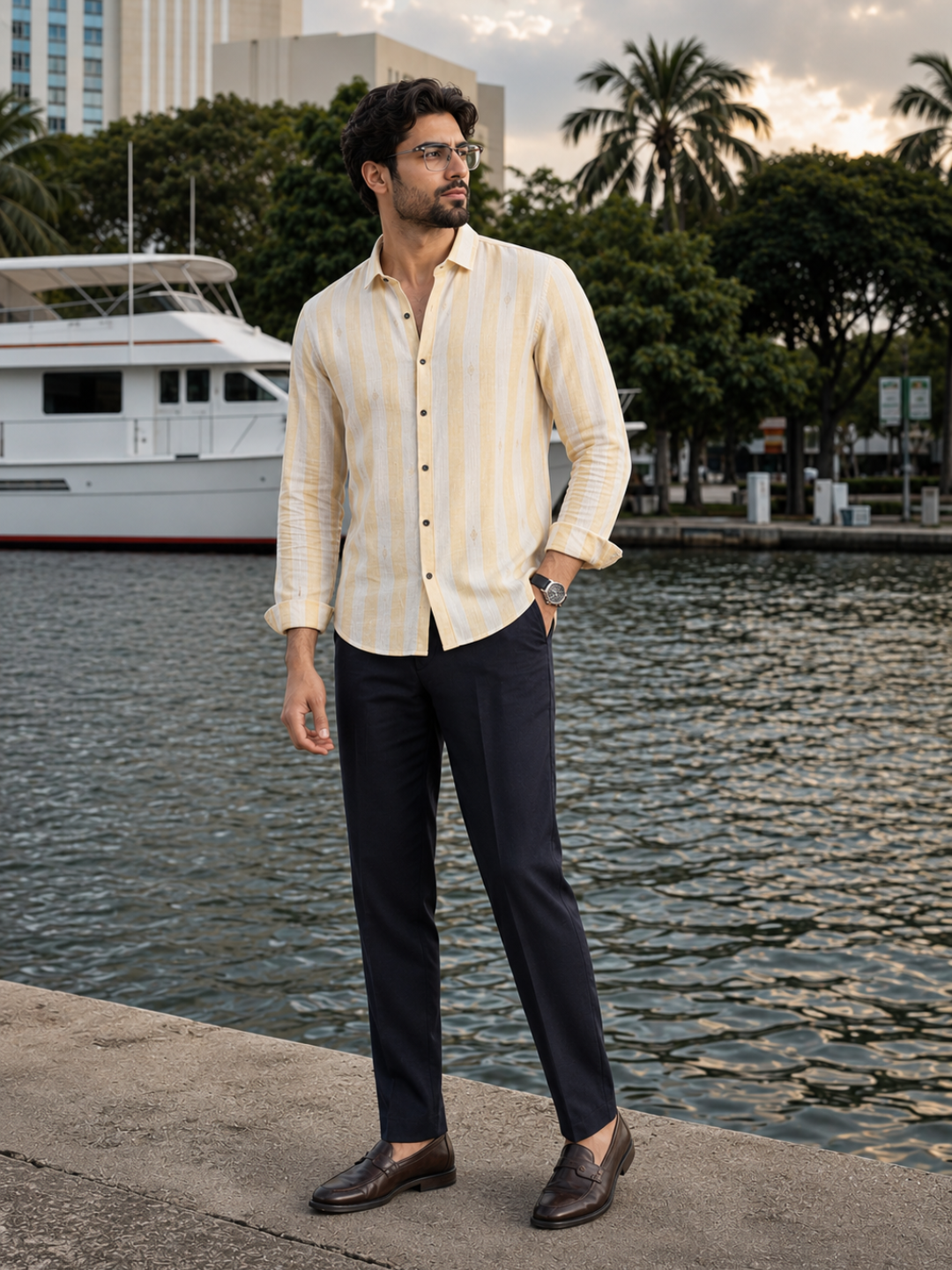 Men's Yellow Striped Embroidered Premium Linen Blend Shirt