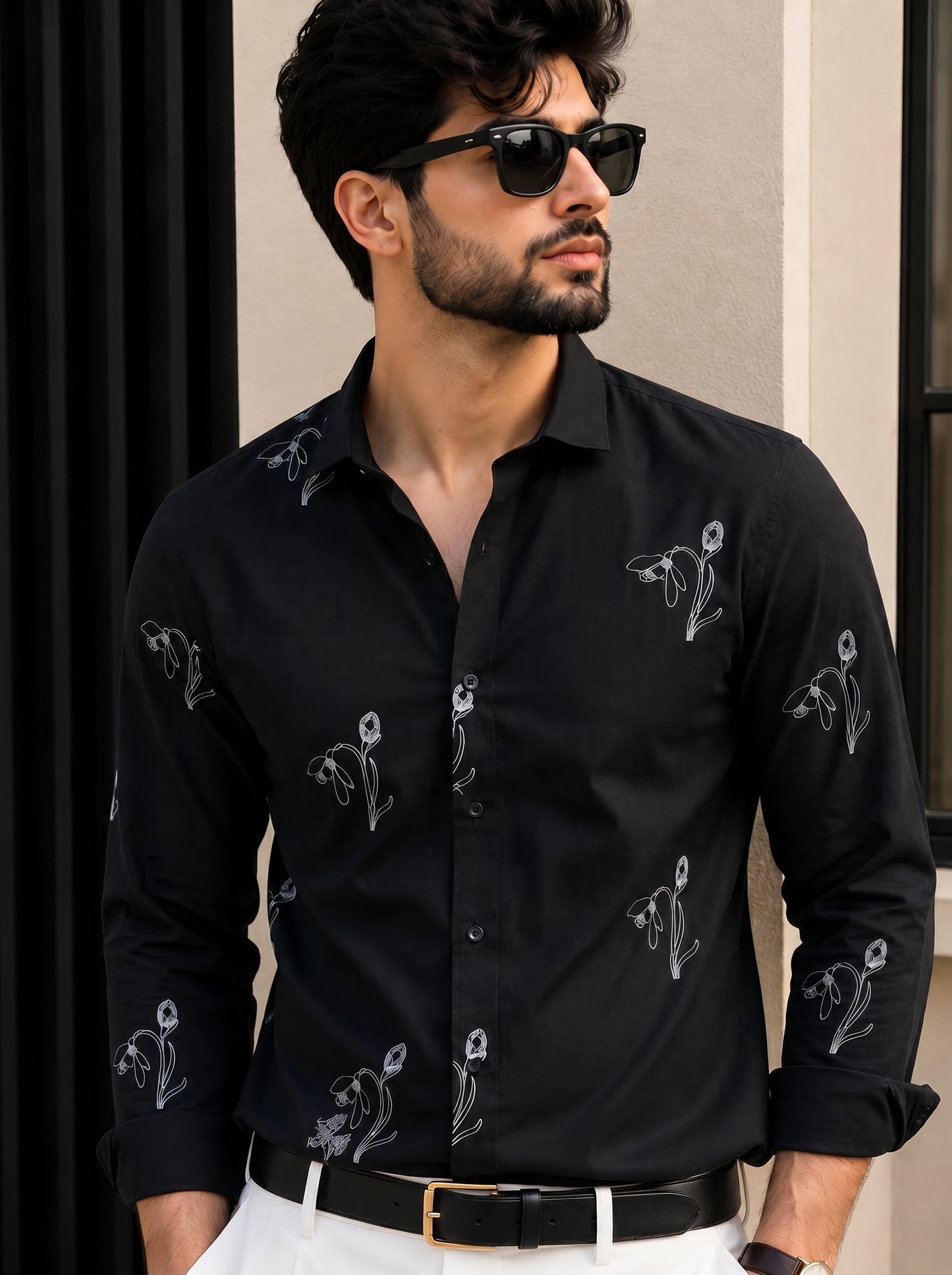 Vibe Craft Men's Tulip Embroidery Textured Cotton Shirt