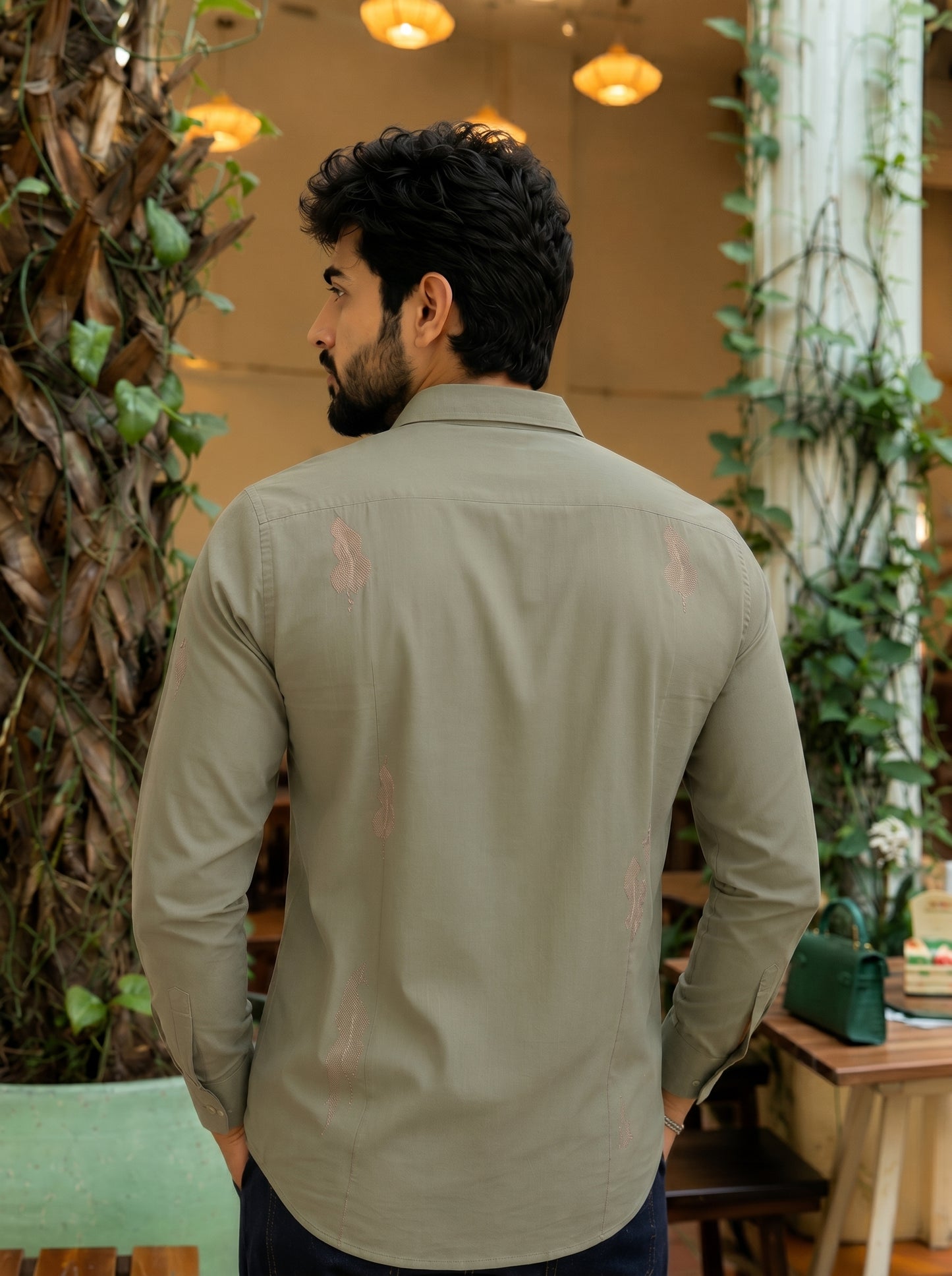 Vibe Craft Men's Feather Embroidery Textured Cotton Shirt