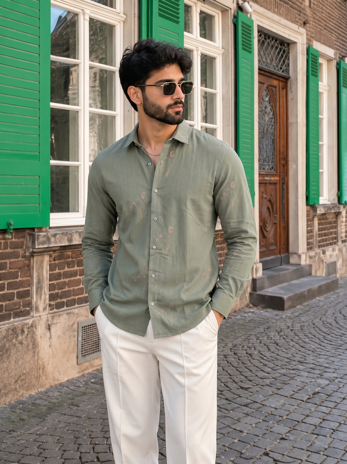 Vibe Craft Men's Tulip Embroidery Textured Cotton Shirt