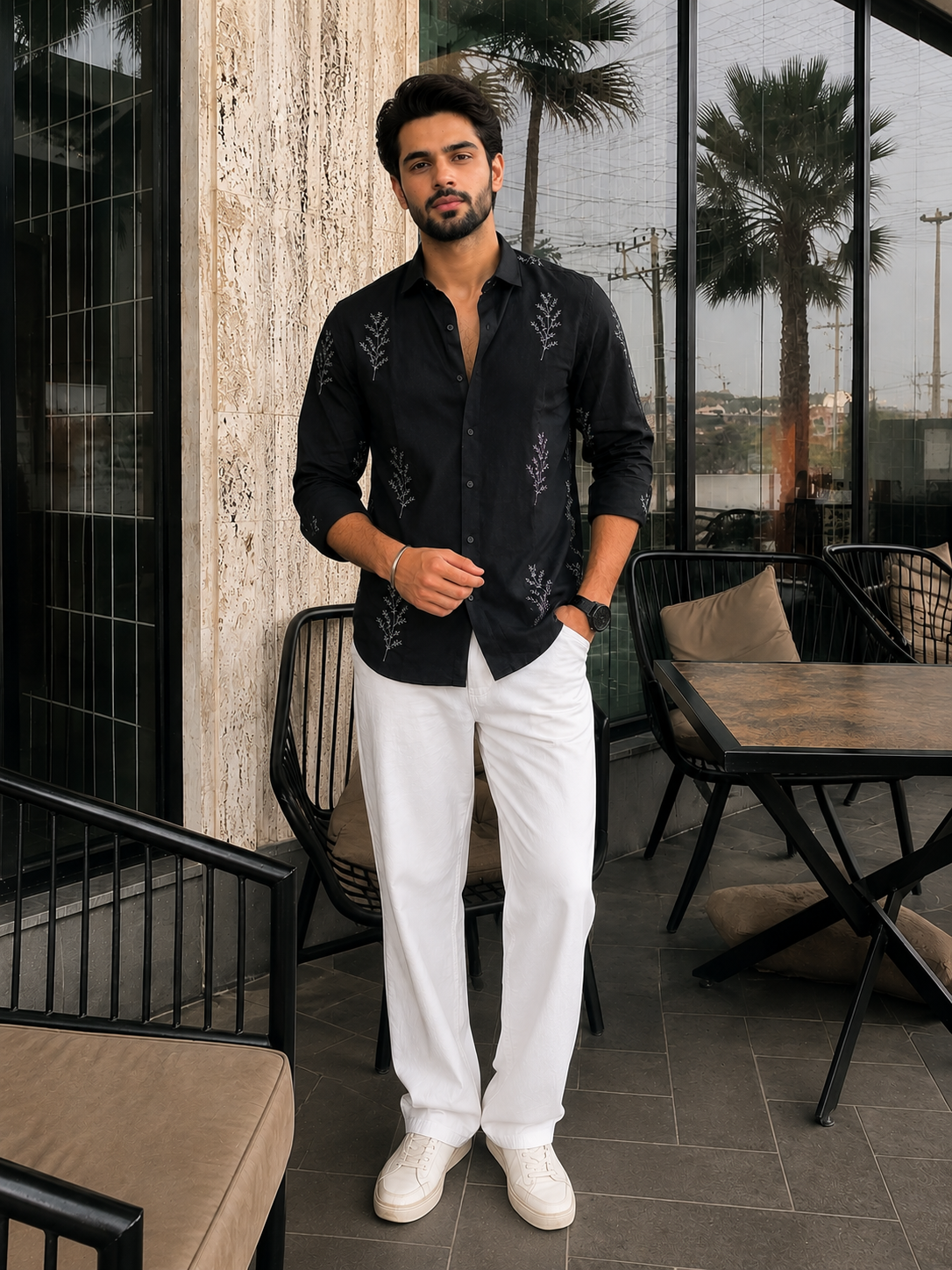Minimal Fern Embroidery Shirt for Men
