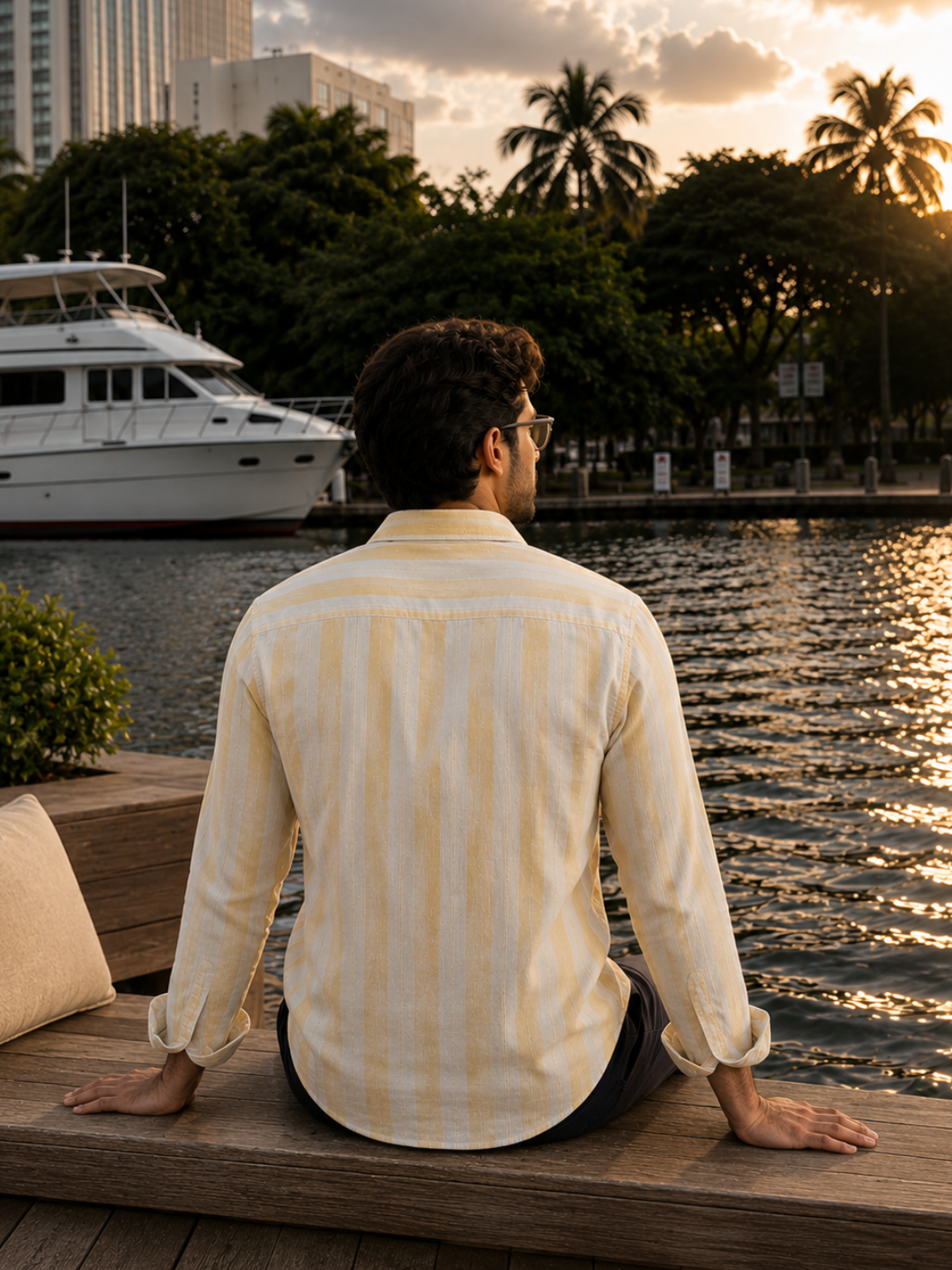 Men's Yellow Striped Embroidered Premium Linen Blend Shirt