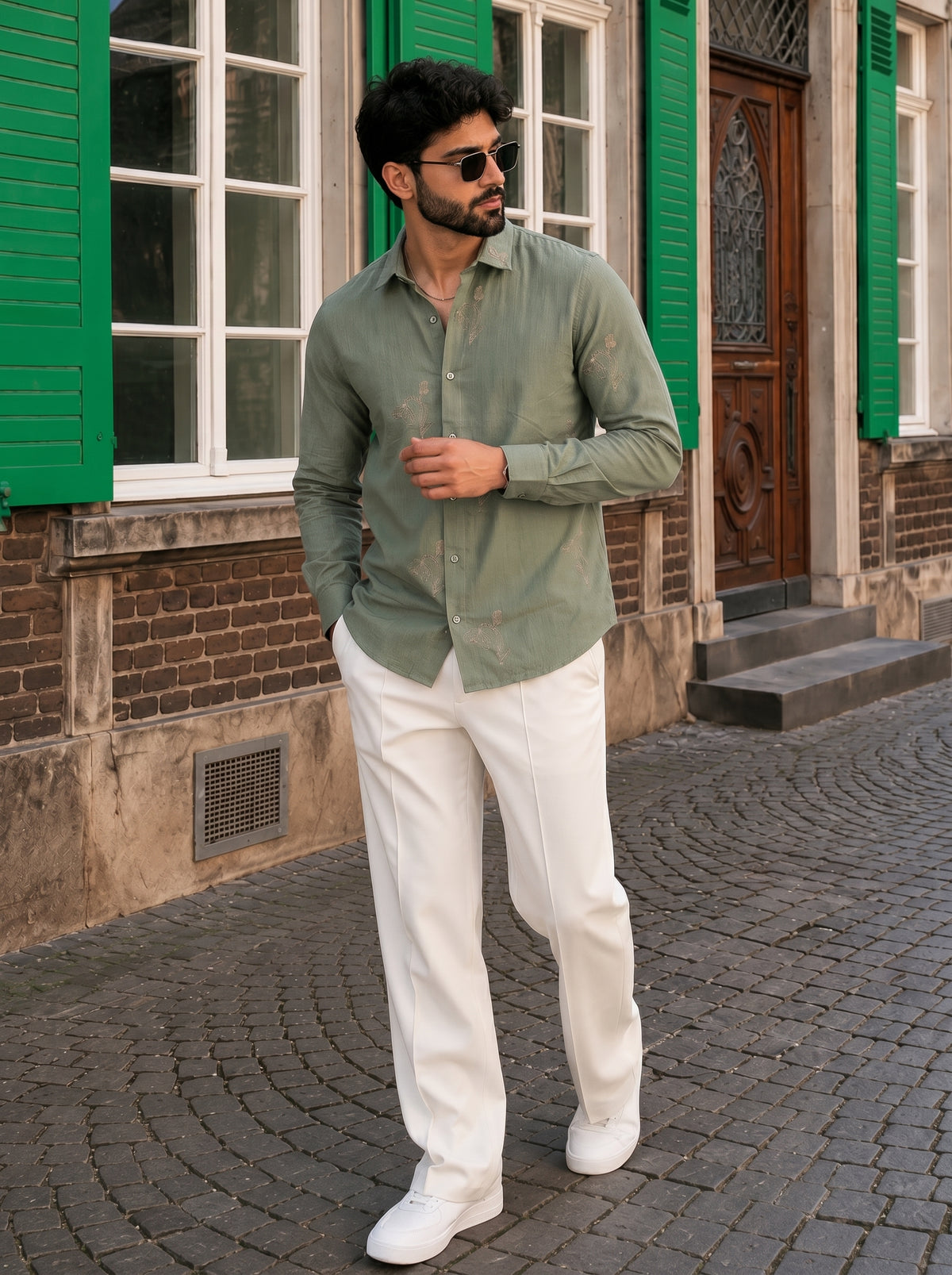 Vibe Craft Men's Tulip Embroidery Textured Cotton Shirt