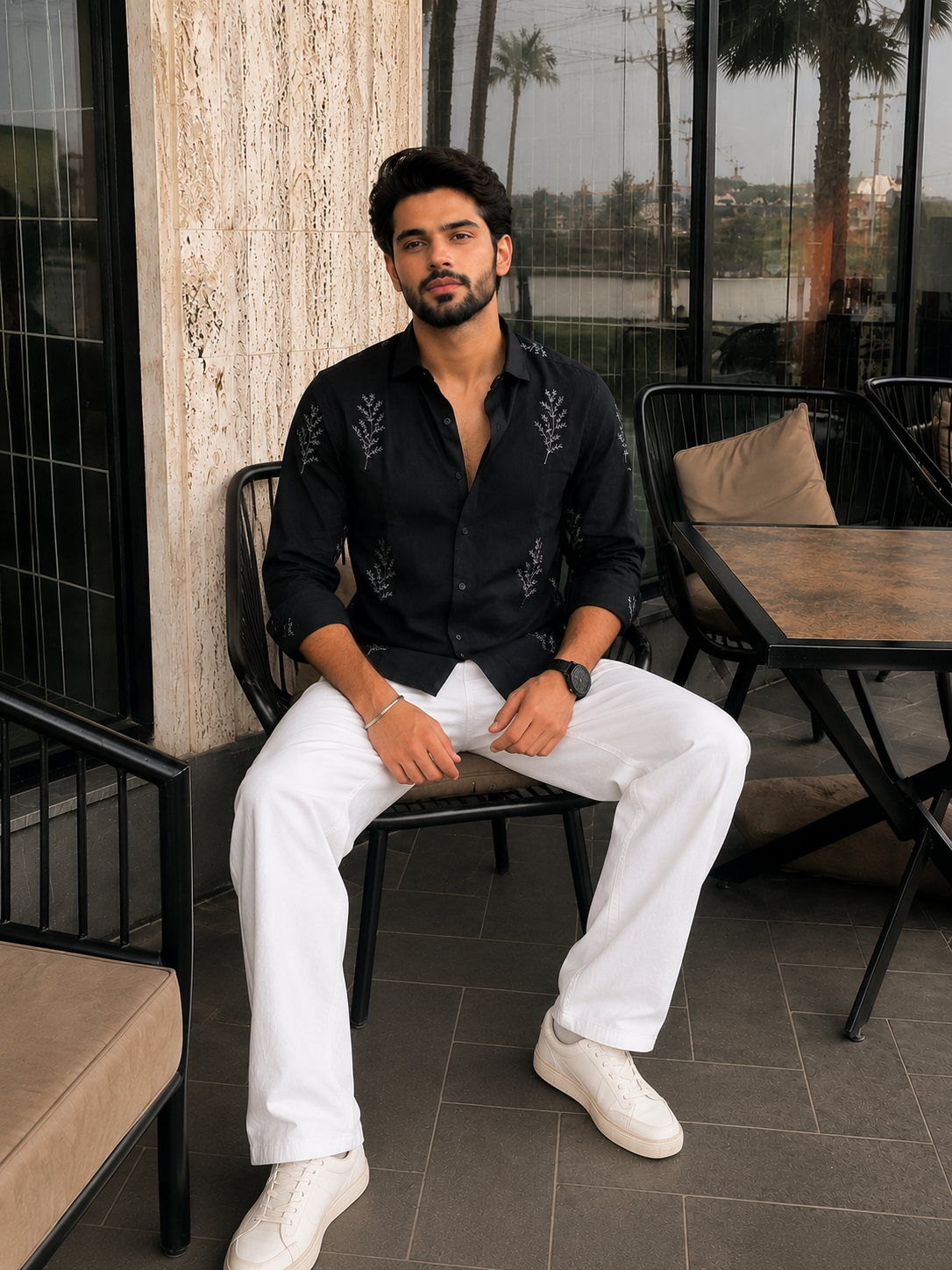 Minimal Fern Embroidery Shirt for Men