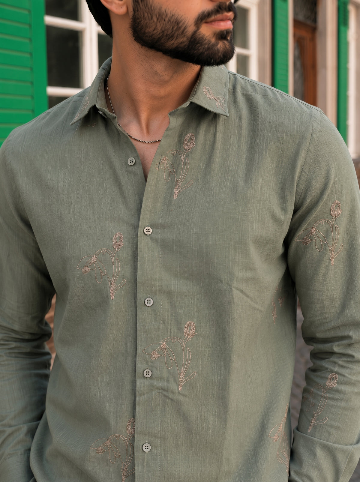 Vibe Craft Men's Tulip Embroidery Textured Cotton Shirt