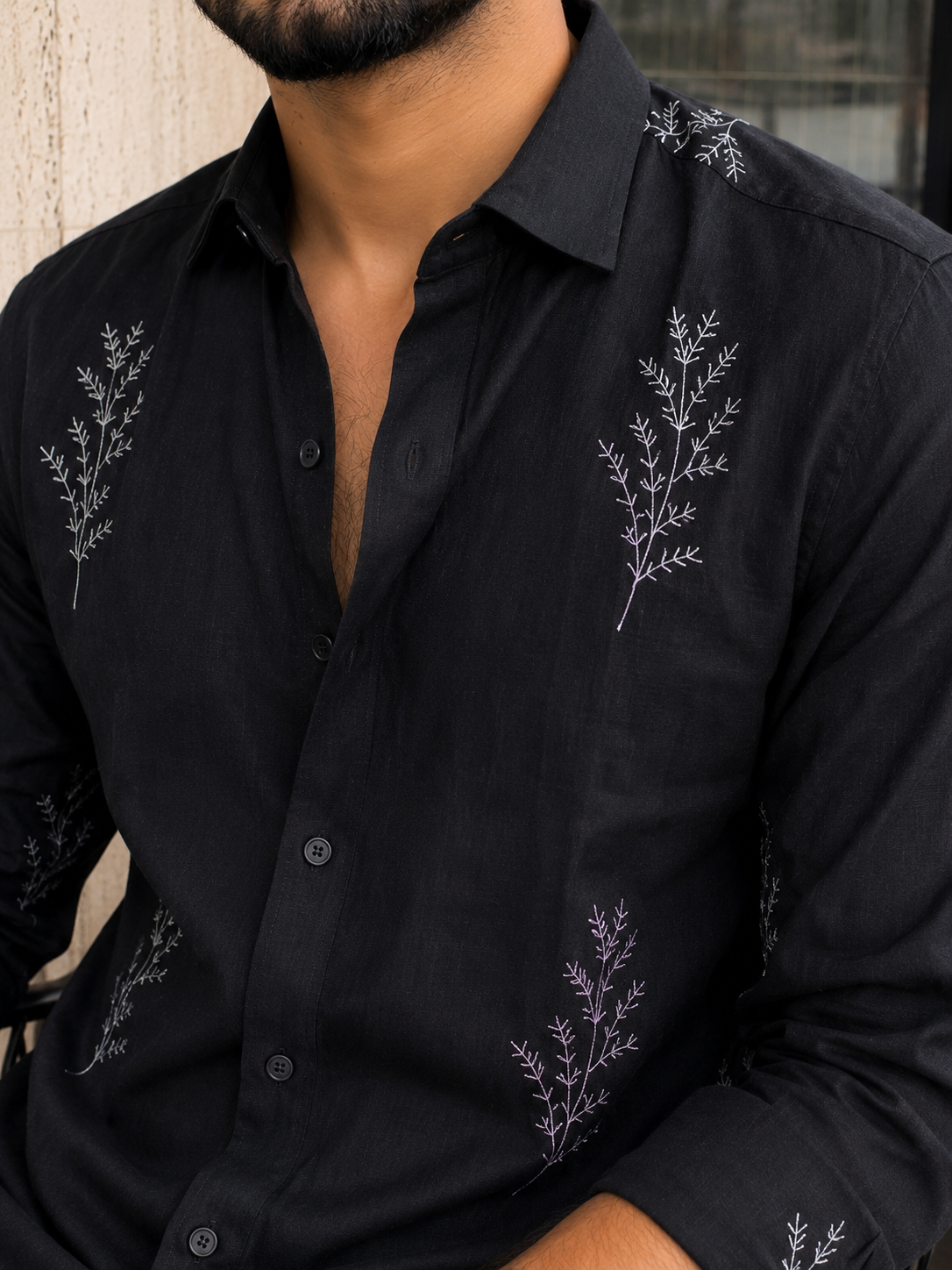 Minimal Fern Embroidery Shirt for Men