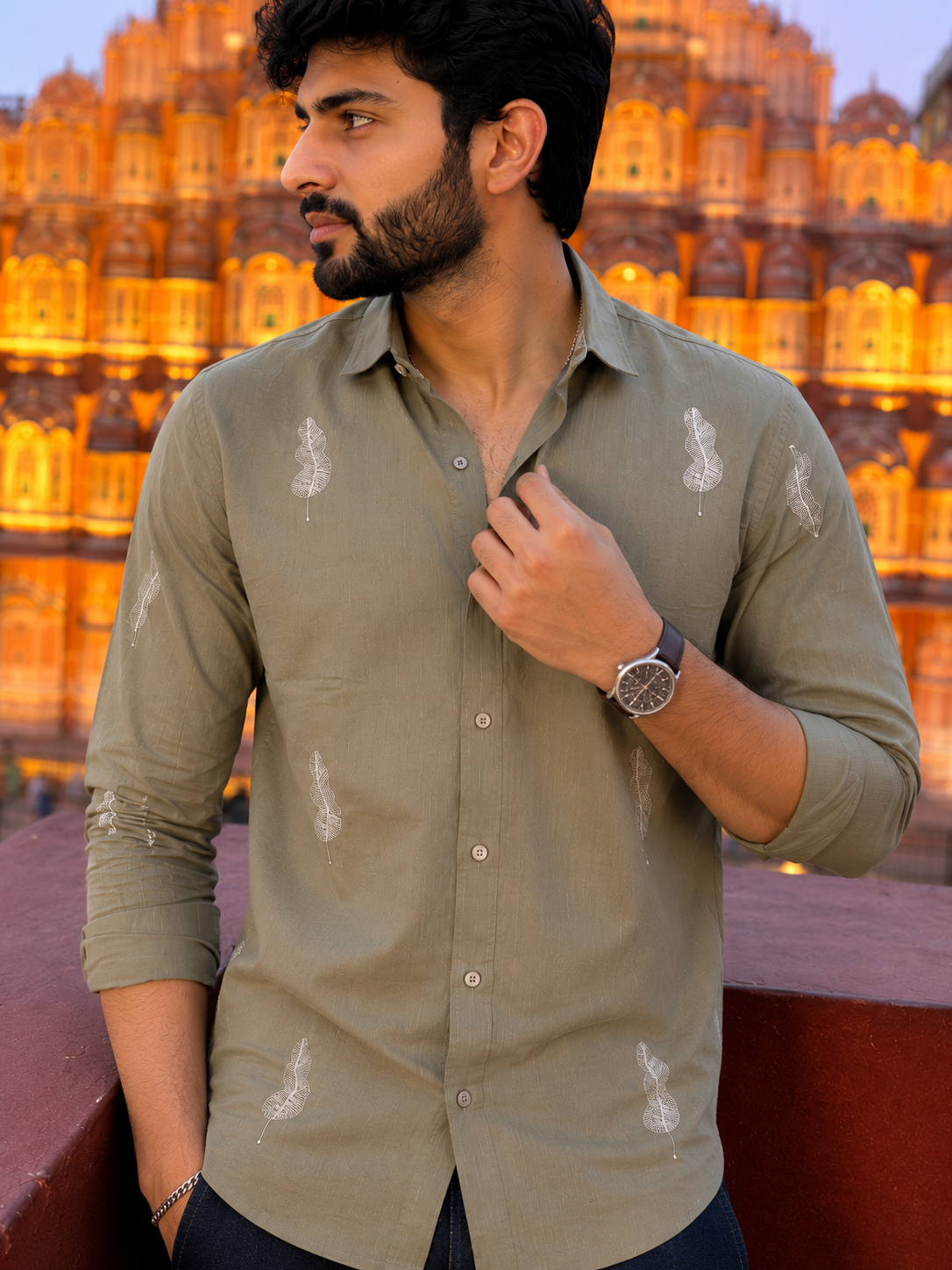Vibe Craft Men's Feather Embroidery Textured Cotton Shirt