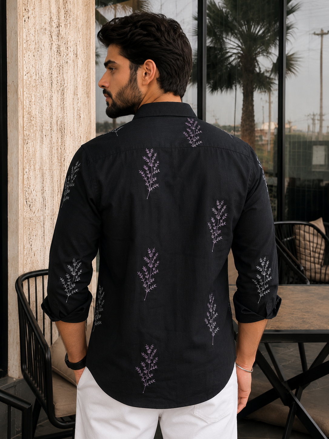 Minimal Fern Embroidery Shirt for Men