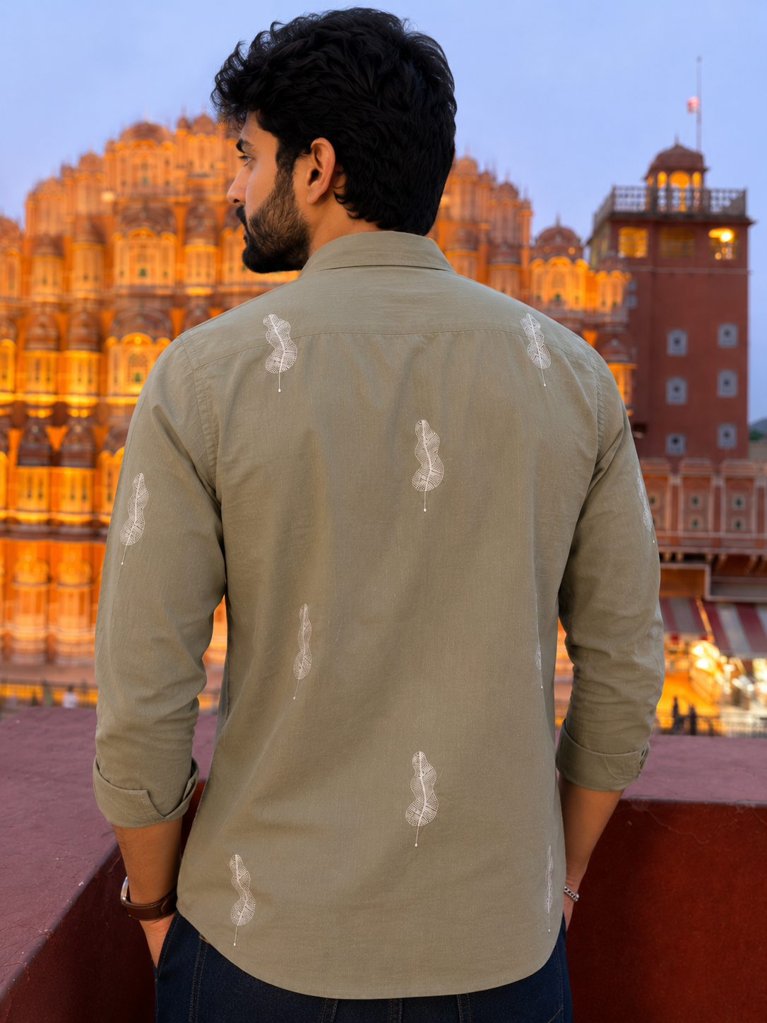 Vibe Craft Men's Feather Embroidery Textured Cotton Shirt