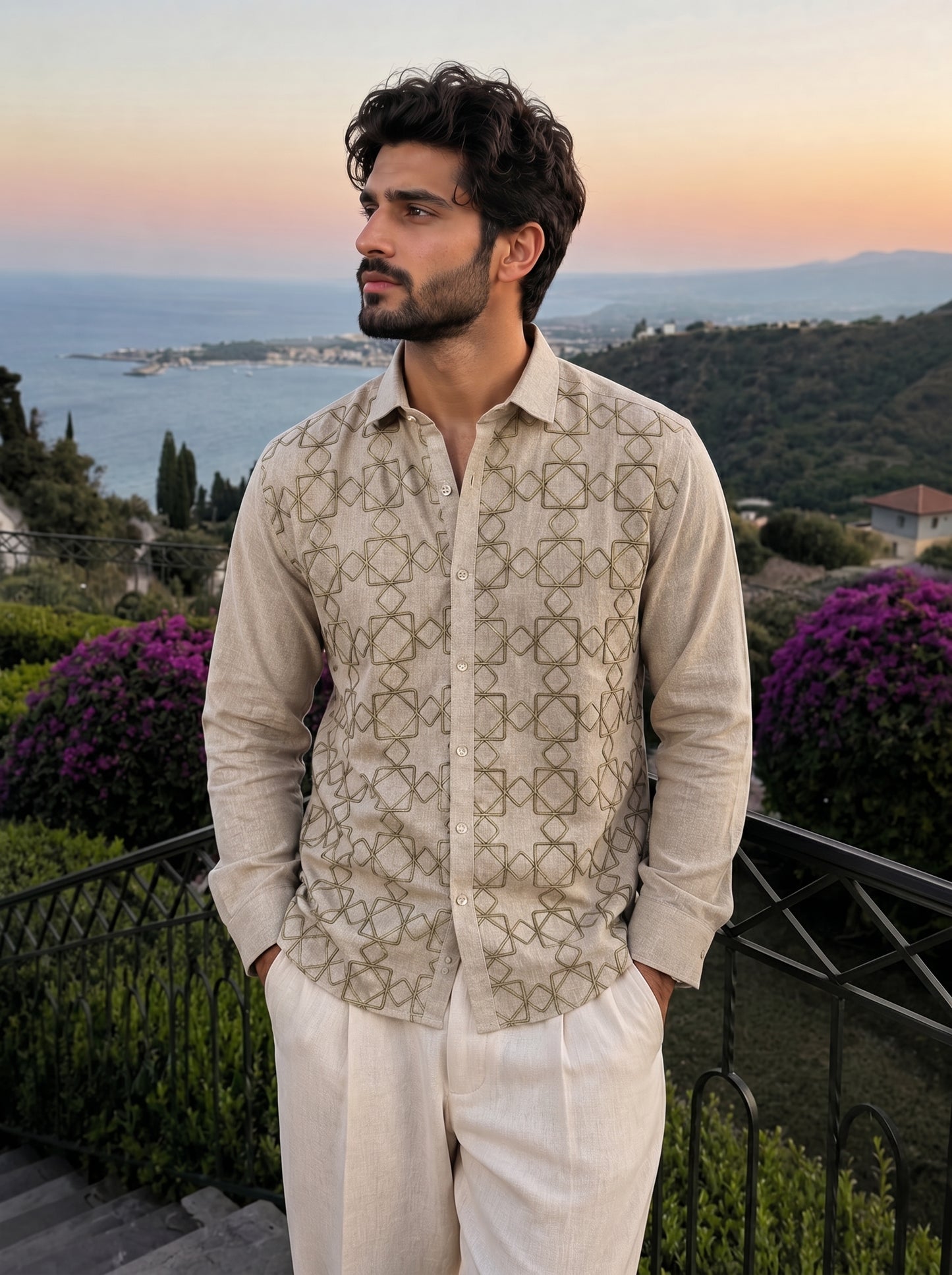 Beige Jute Embroidered Geometric Shirt for Men