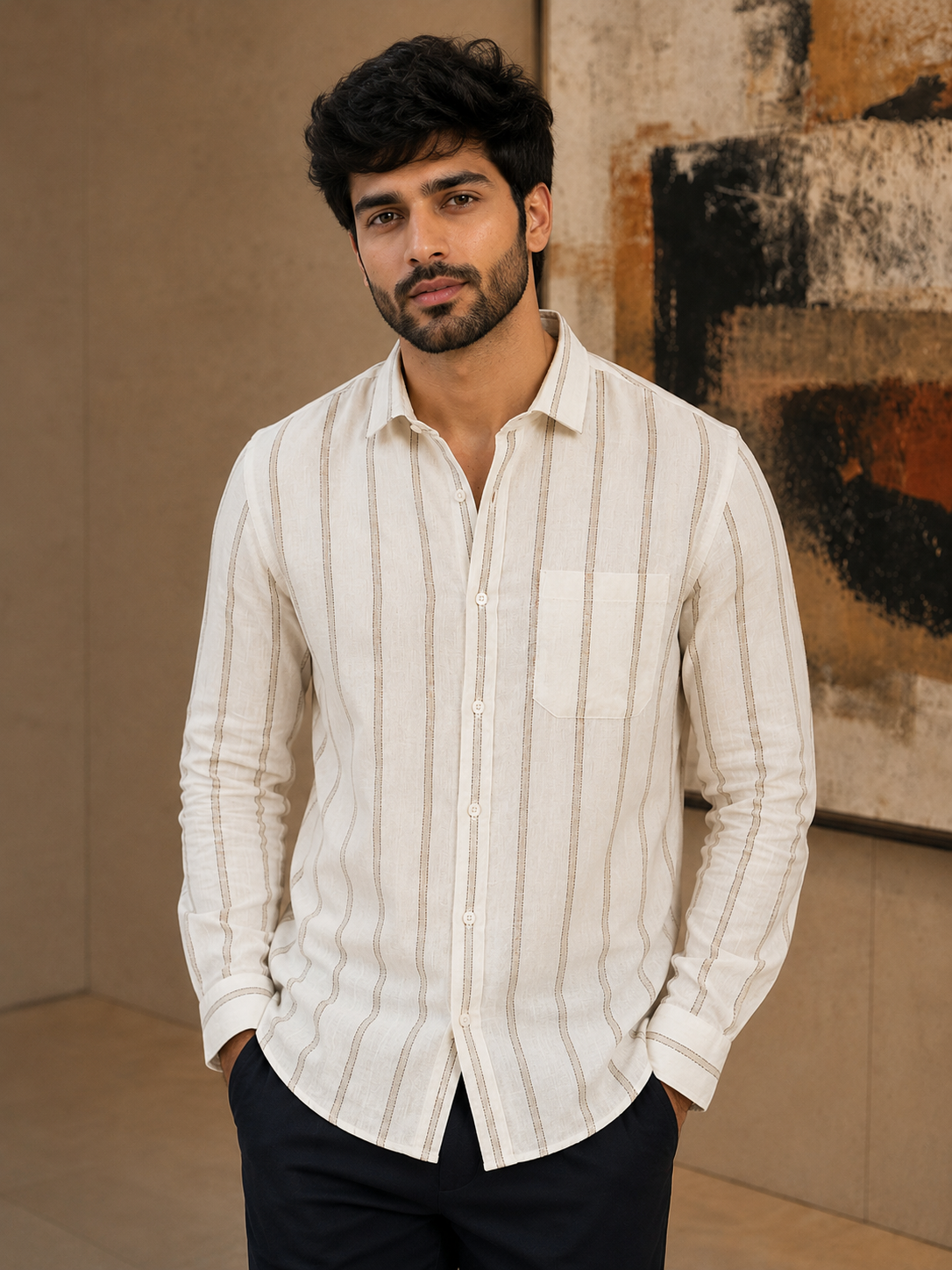 Men’s Beige Vertical Stripe Linen Shirt