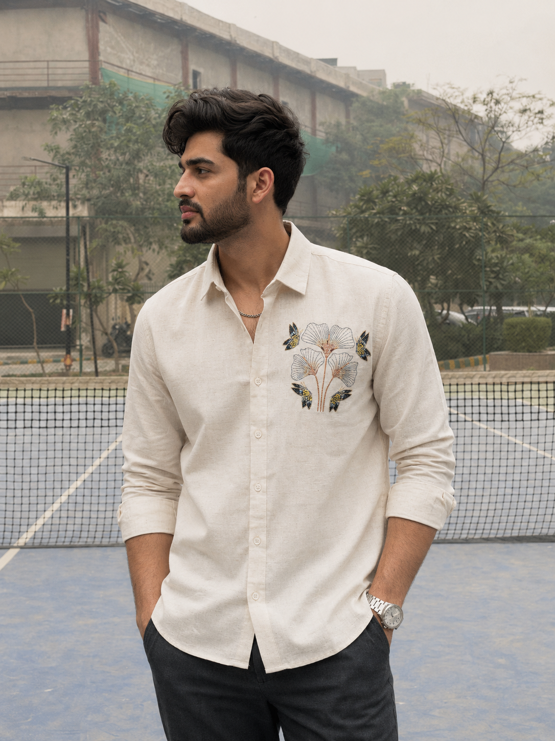 Men’s Cream Nature Motif Graphic Embroidered Linen Shirt