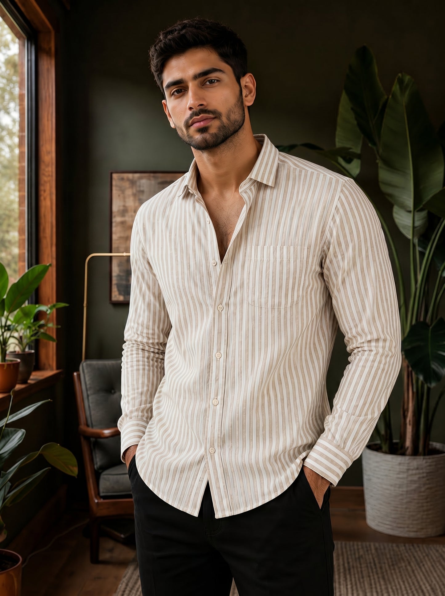 Men’s Vertical Striped Premium Cotton Linen Shirt