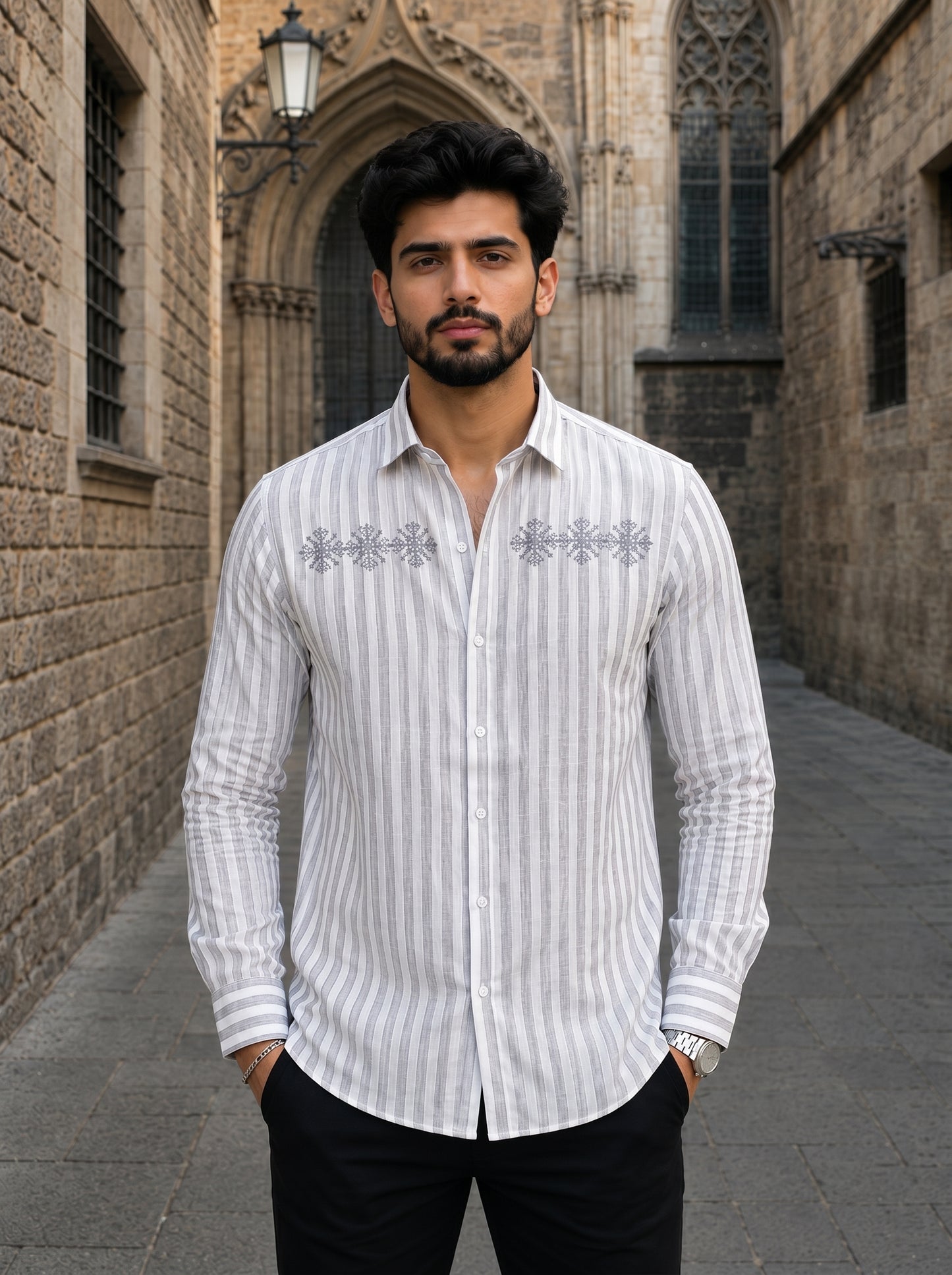 Men’s Beige Baroque Embroidered Premium Cotton Linen Shirt