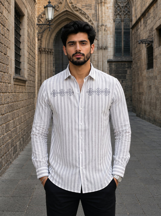 Men’s Beige Baroque Embroidered Premium Cotton Linen Shirt