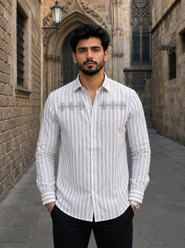 Men’s striped Baroque Embroidered Premium Cotton Linen Shirt