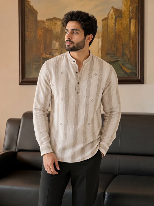Men’s Beige Striped Kurta Shirt with Subtle Embroidery