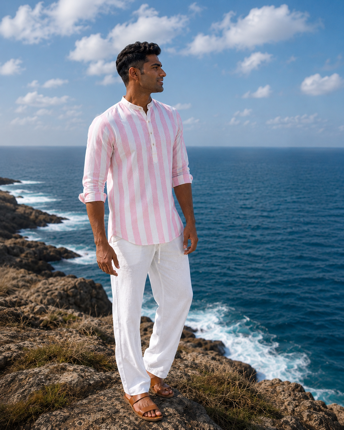 Men's Striped Short Kurta Shirt with Ethnic Embroidery